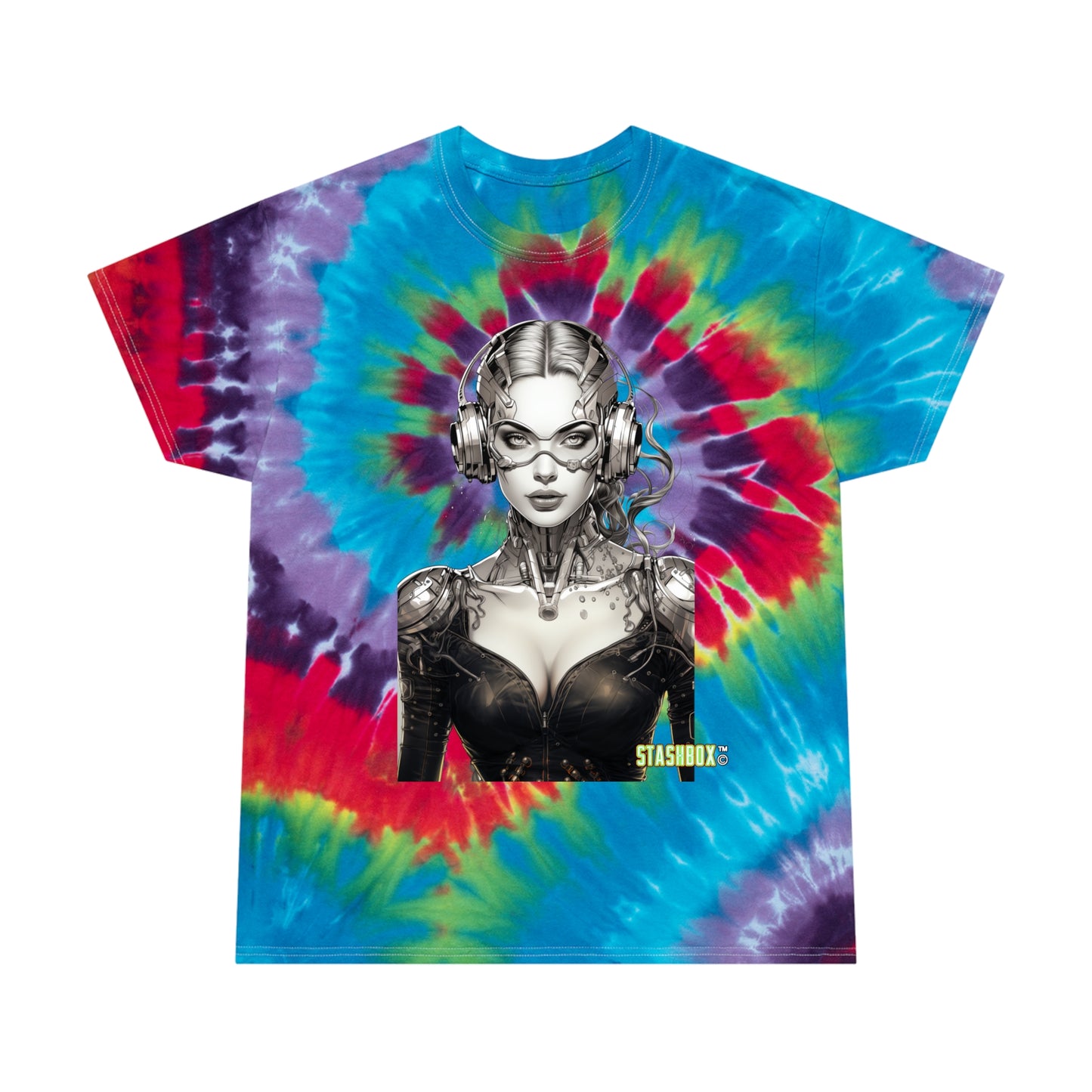 Step into the realm of cosmic fashion with our Epic Spiral Tie-Dye Tee Shirt, showcasing the Silver Stunner. Stashbox Character Design #001. Your fashion odyssey, exclusively at Stashbox.ai.