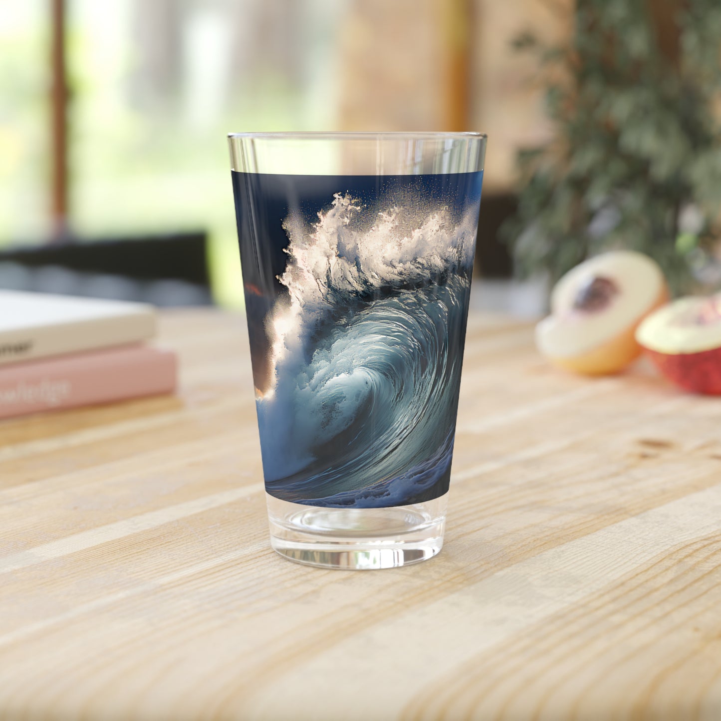 Giant Shore Break Perfec Wave with Crowd All Taking Photos - Pint Glass, 16oz - Waves Design #014