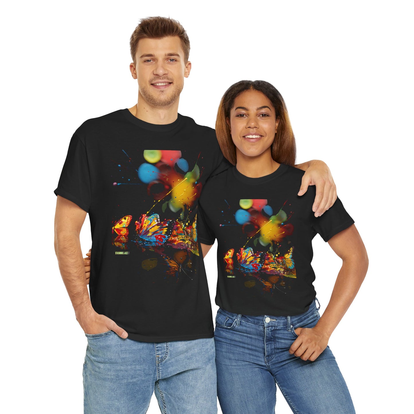 Unisex Heavy Cotton Tee Vibrant Color Abstract Butterflies 006