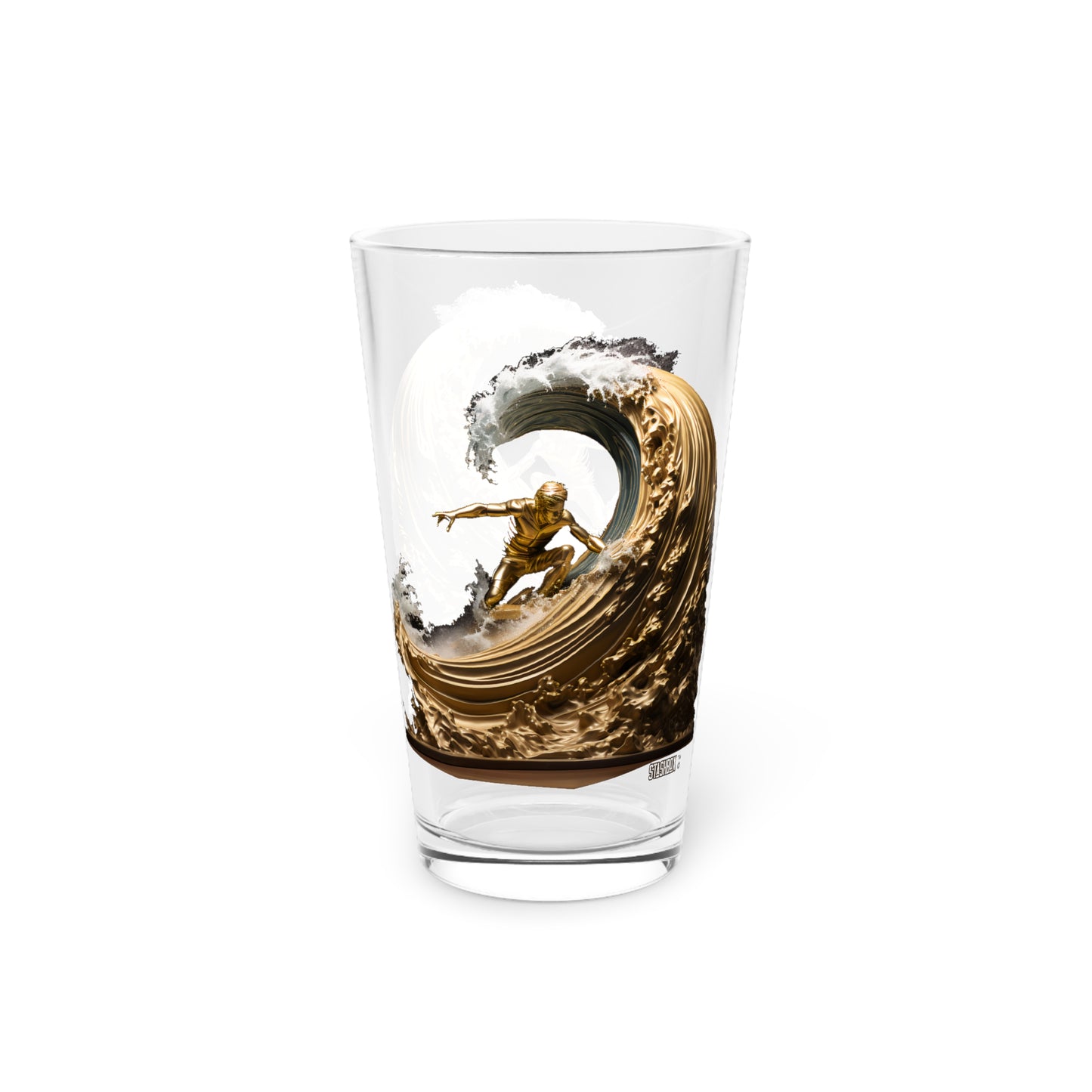 Pint Glass, 16oz Golden Wave Statue 064