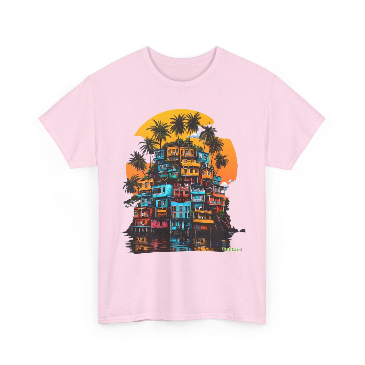 Favella Art Heavy Cotton Tshirt Stacked Buildings Palm Trees Giant Sun 001