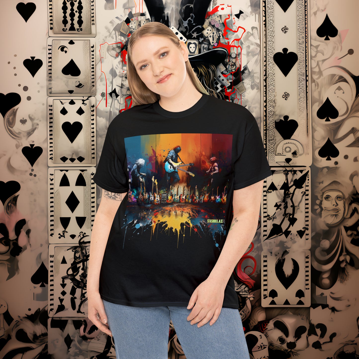 Unisex Adult Size Heavy Cotton TShirt - Colorful Abstract Guitars Design 005
