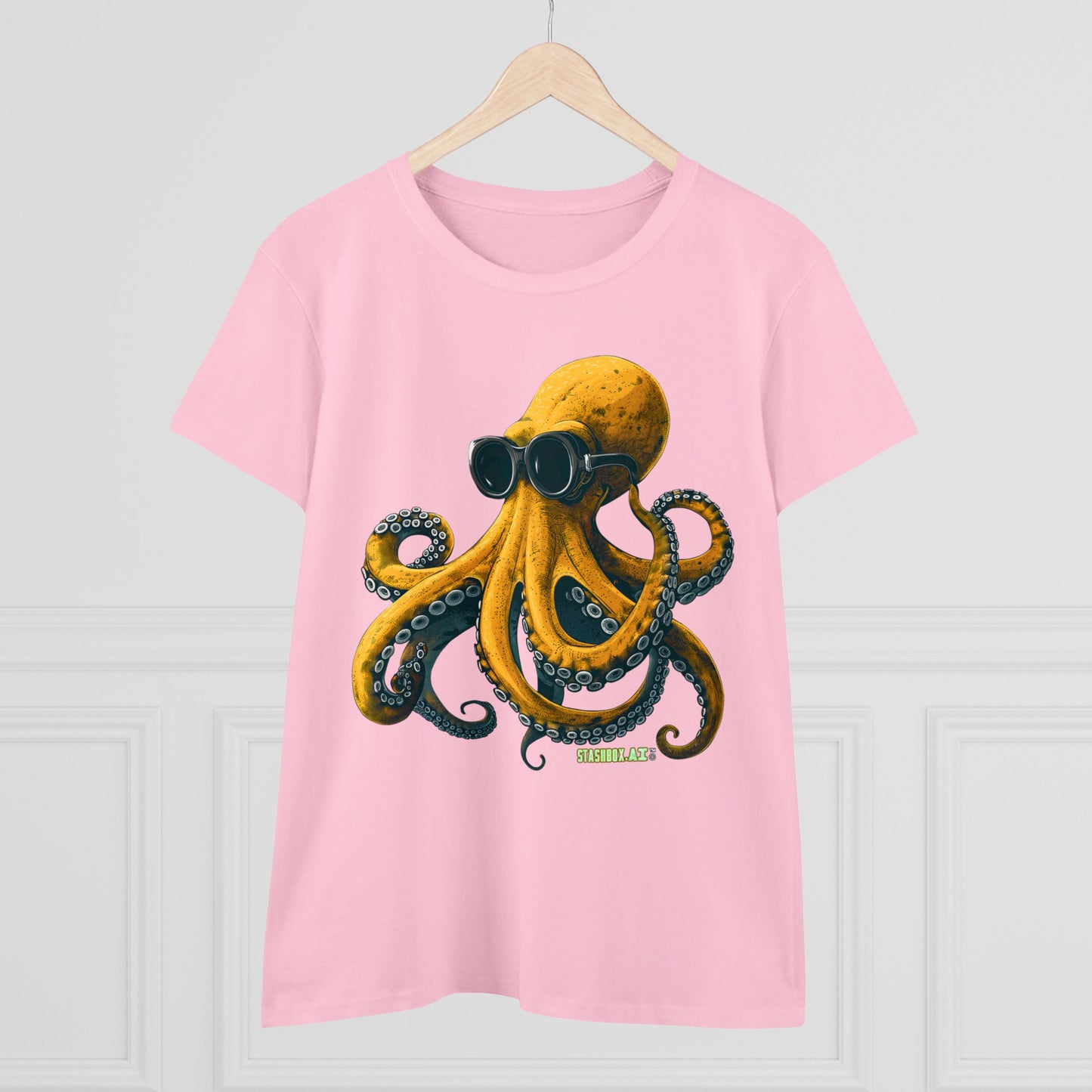 Women's Midweight Cotton Tshirt Yellow Octopus wearing goggles 001