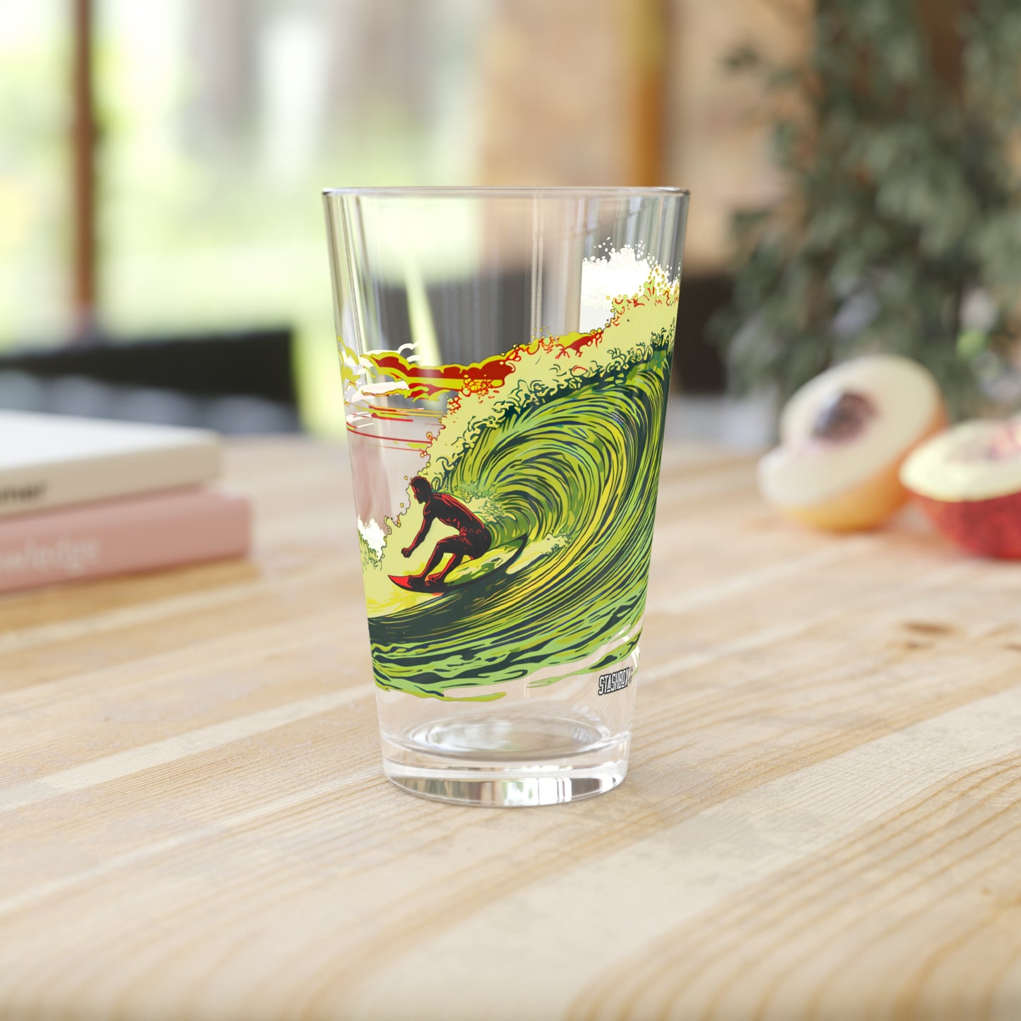 Ride the Hawaiian wave of style with our Surfing Wave Art Pint Glass. Exclusively produced by Stashbox.ai, this 16oz glass boasts striking green, yellow, and red waves, bringing the Aloha spirit to your drinkware collection. Cheers to tropical vibes!