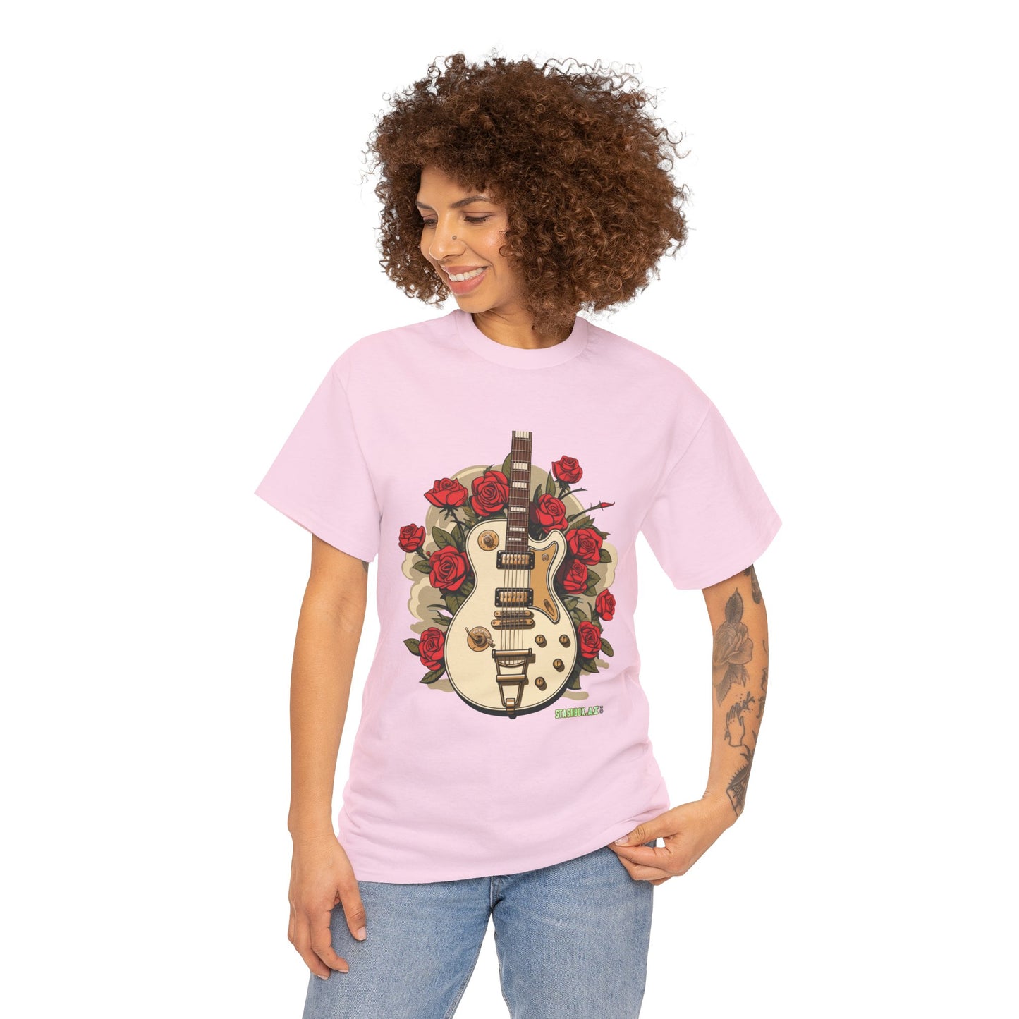Unisex Heavy Cotton Tshirt Stylish Roses and Guitar 003