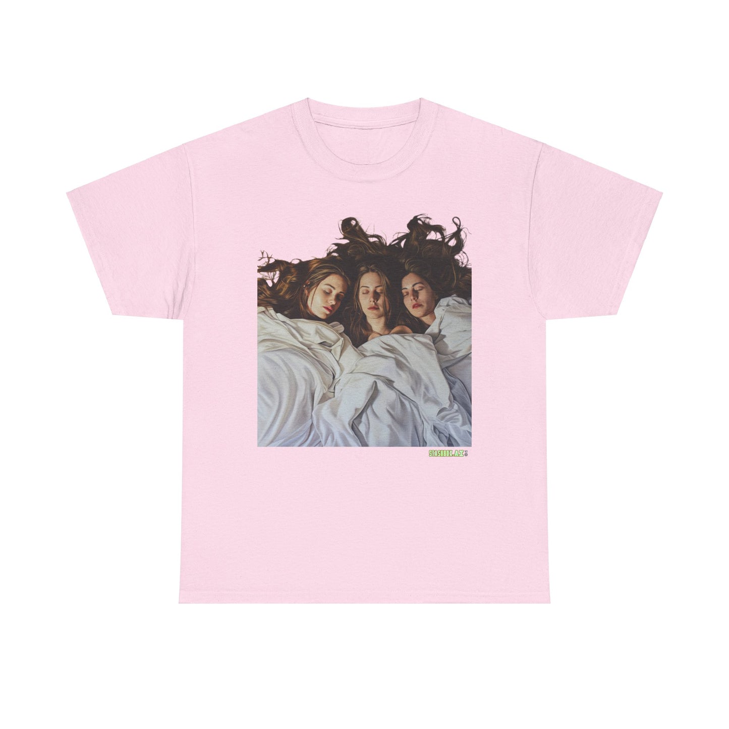 Unisex Heavy Cotton T-Shirt Three Beautiful Woman Sleeping in Bed 0017