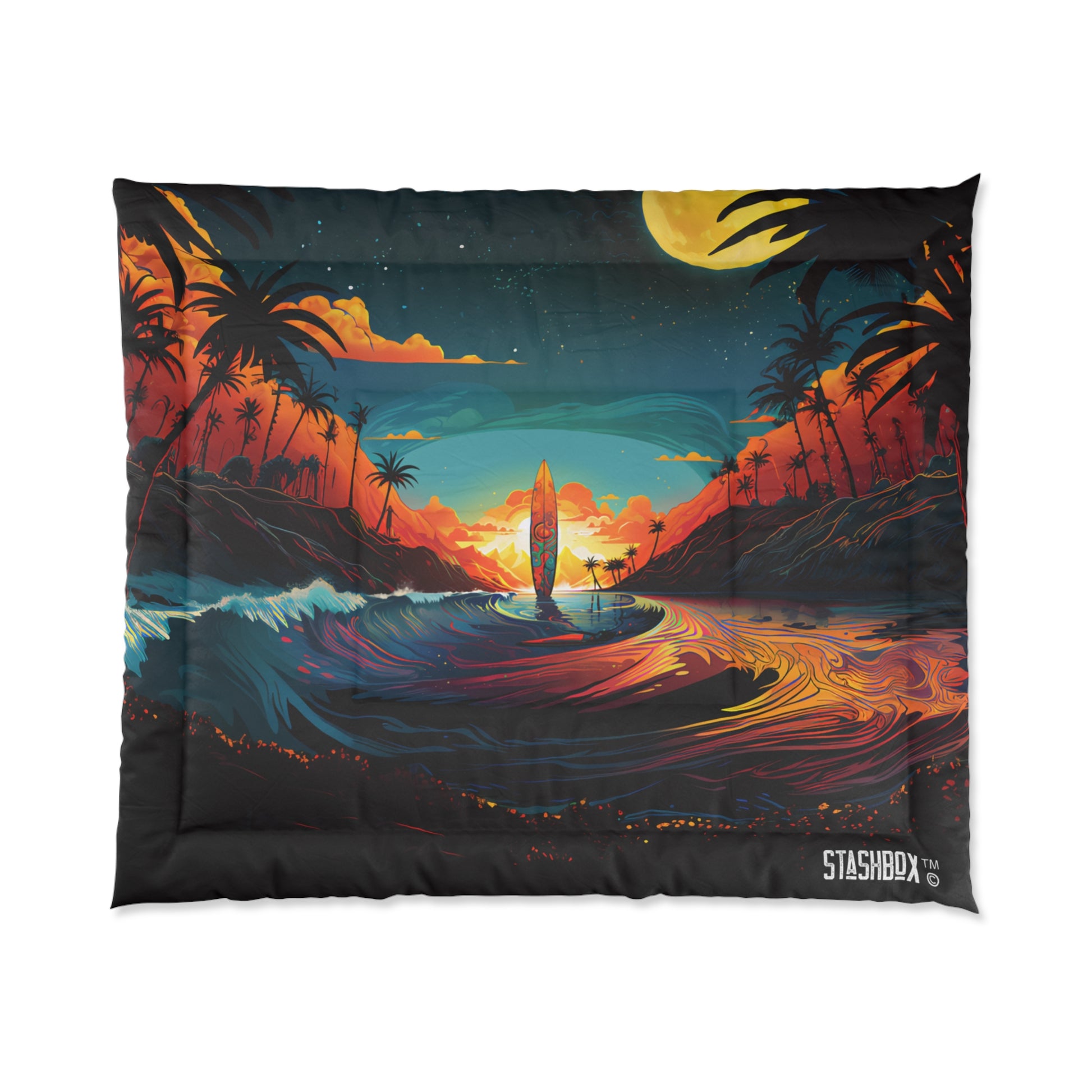 Dreamy Surfboard Sunset: Surfboards Design #001 Comforter. Drift into the tranquil allure of a beach sunset with this cozy comforter, featuring a stunning surfboard-themed design. Bring beach vibes to your bedroom. #BeachSunsetDreams #SurfboardMagic #StashboxDesign