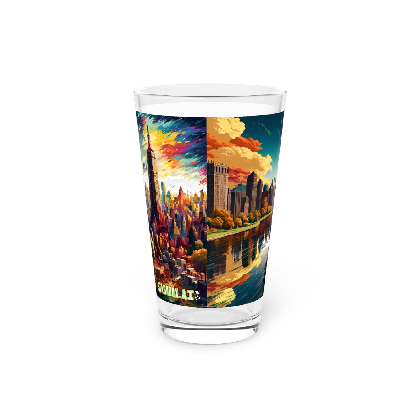 Retro-Futuristic New York Pint Glass - Stashbox NYC Design - #RetroCityscape #FuturisticArt #MirroredDesign #StashboxExclusive #CityscapeElegance
