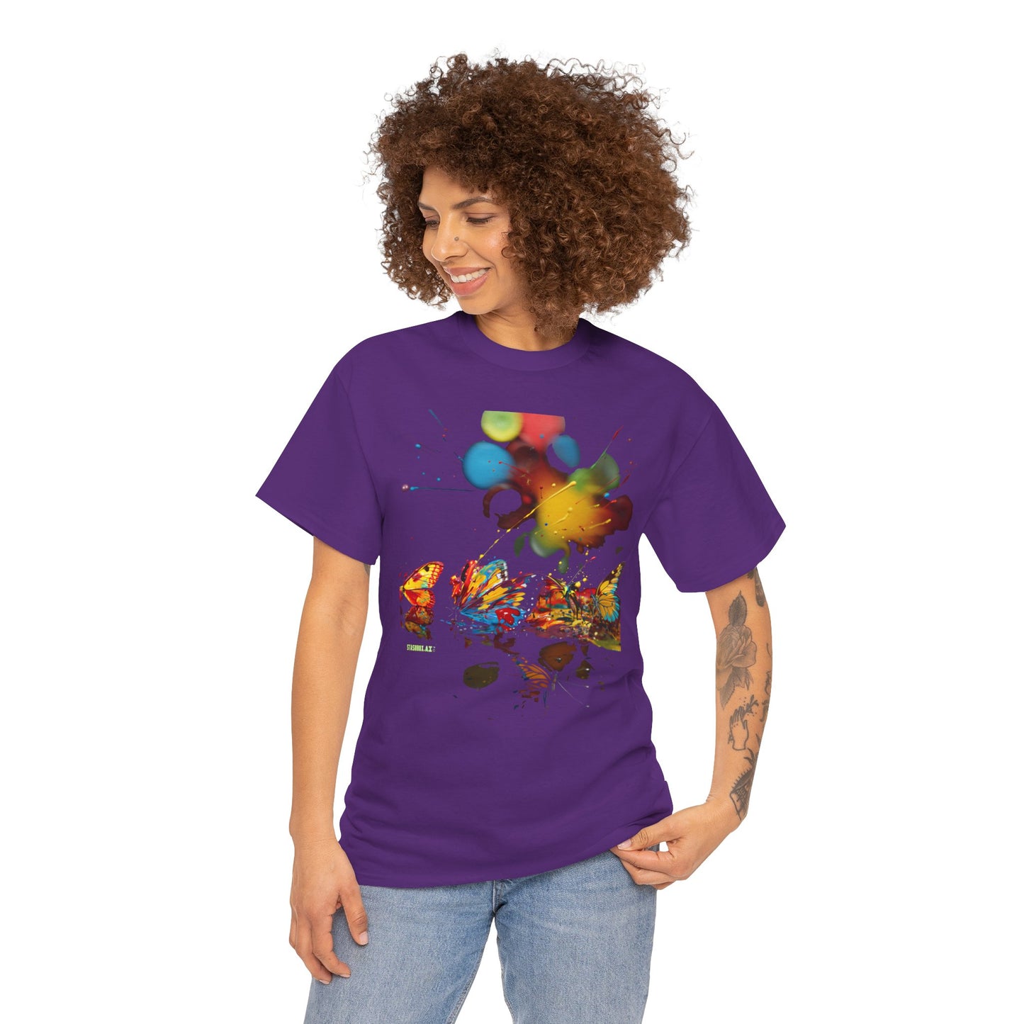 Unisex Heavy Cotton Tee Vibrant Color Abstract Butterflies 006