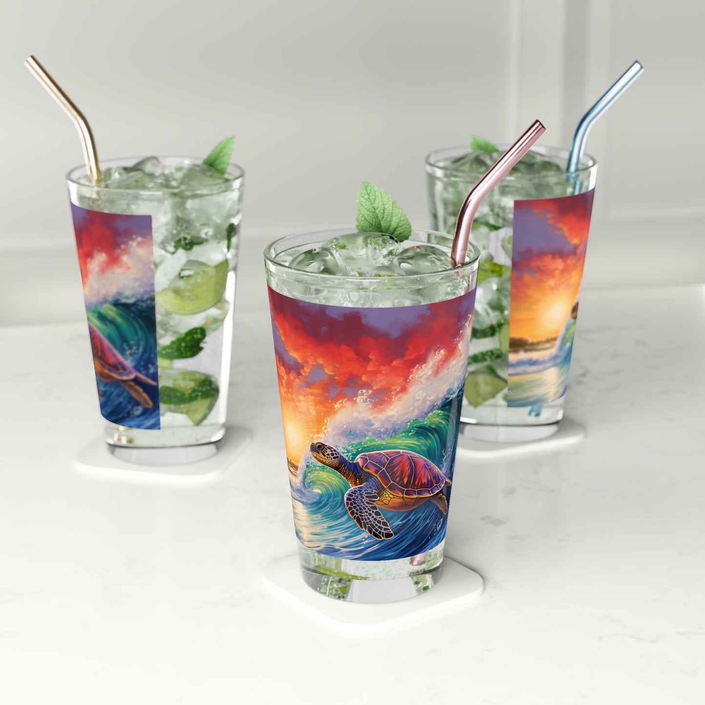 Pint Glass, 16oz Turtle Surfing Perfect Colorful Waves 029