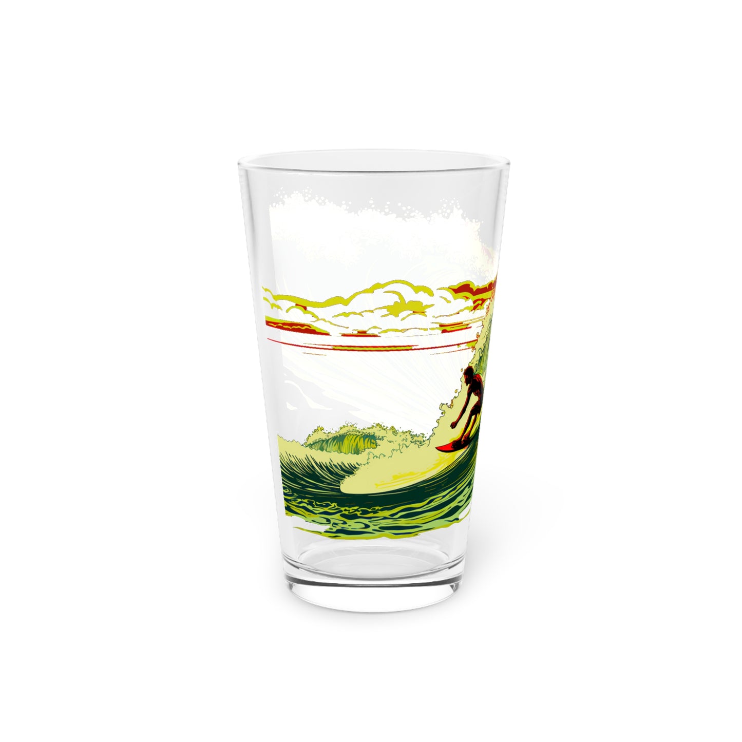 Dive into the spirit of Hawaii with our Surfing Wave Art Pint Glass. Exclusive to Stashbox.ai, this 16oz glass showcases vibrant green, yellow, and red waves, capturing the essence of the Hawaiian surf. Elevate your drinking experience today!