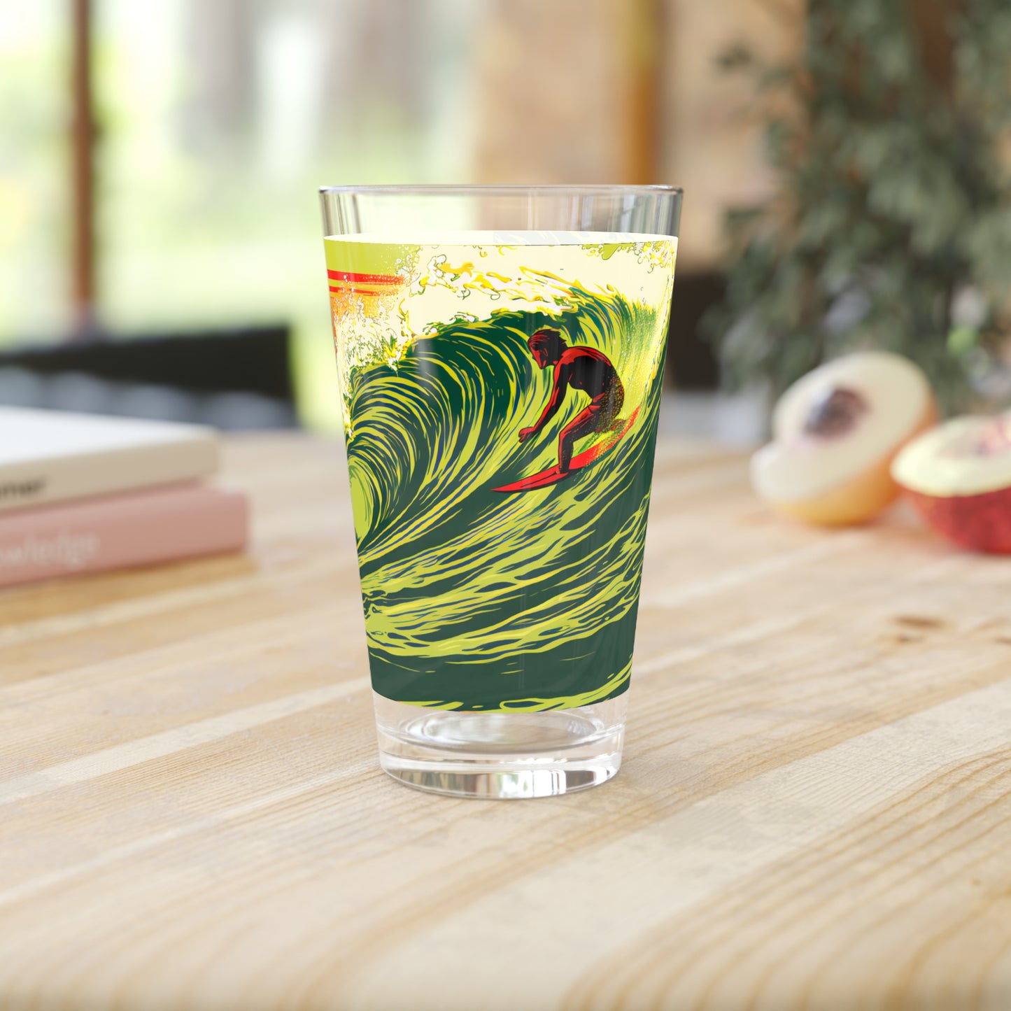 16oz Surfing in Hawaii Wave Art Pint Glass - Waves Design #040: Embrace the energy of Hawaiian waves with our artistic pint glass, perfect for surf enthusiasts.