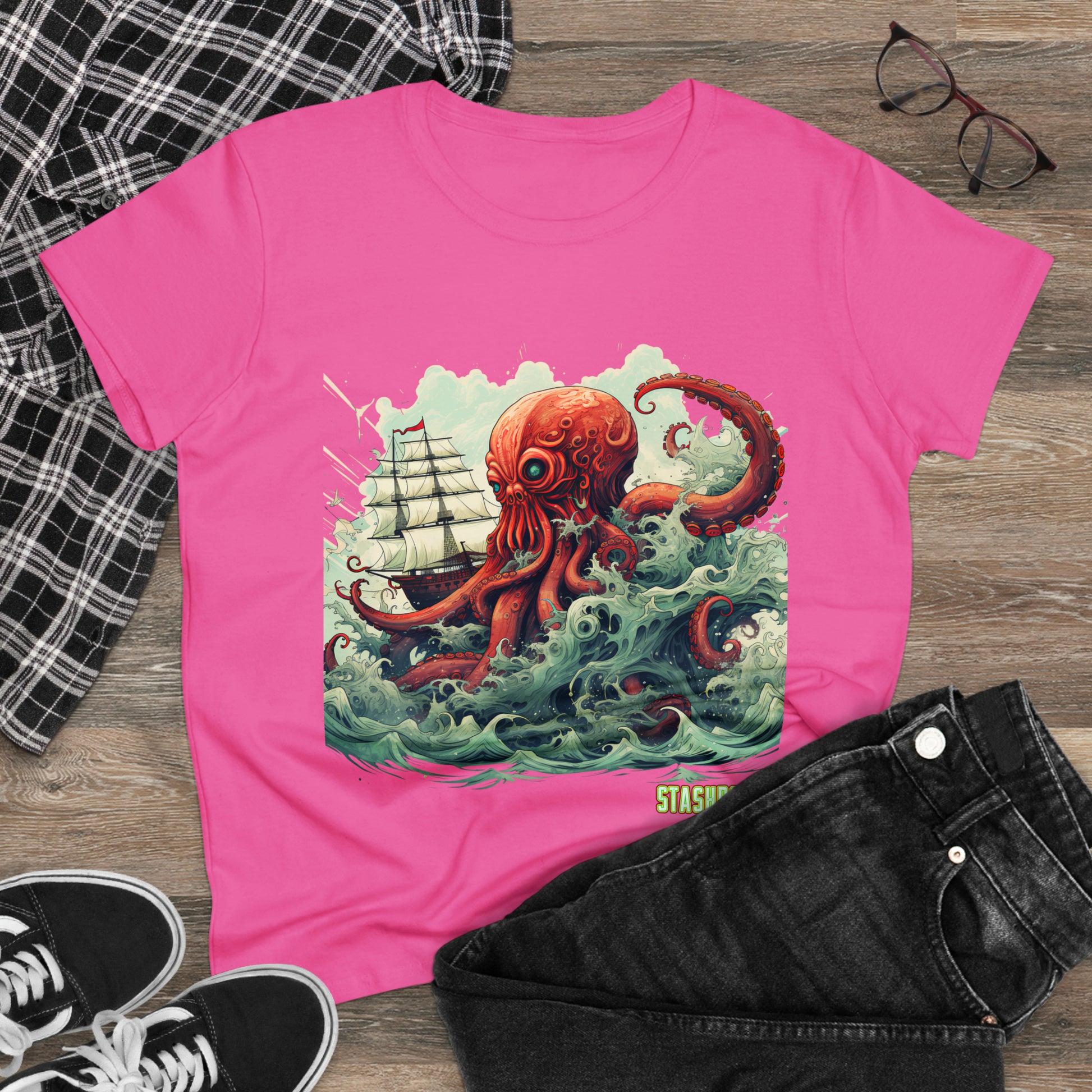 Embrace the enigmatic allure of the Kraken with our Kraken!! #001 Women's Midweight Cotton Tee - Stashbox Character Design #002. This tee, brought to life by Stashbox.ai, captures the essence of the mythical sea creature. Let the Kraken's mystique enhance your wardrobe and elevate your fashion game.