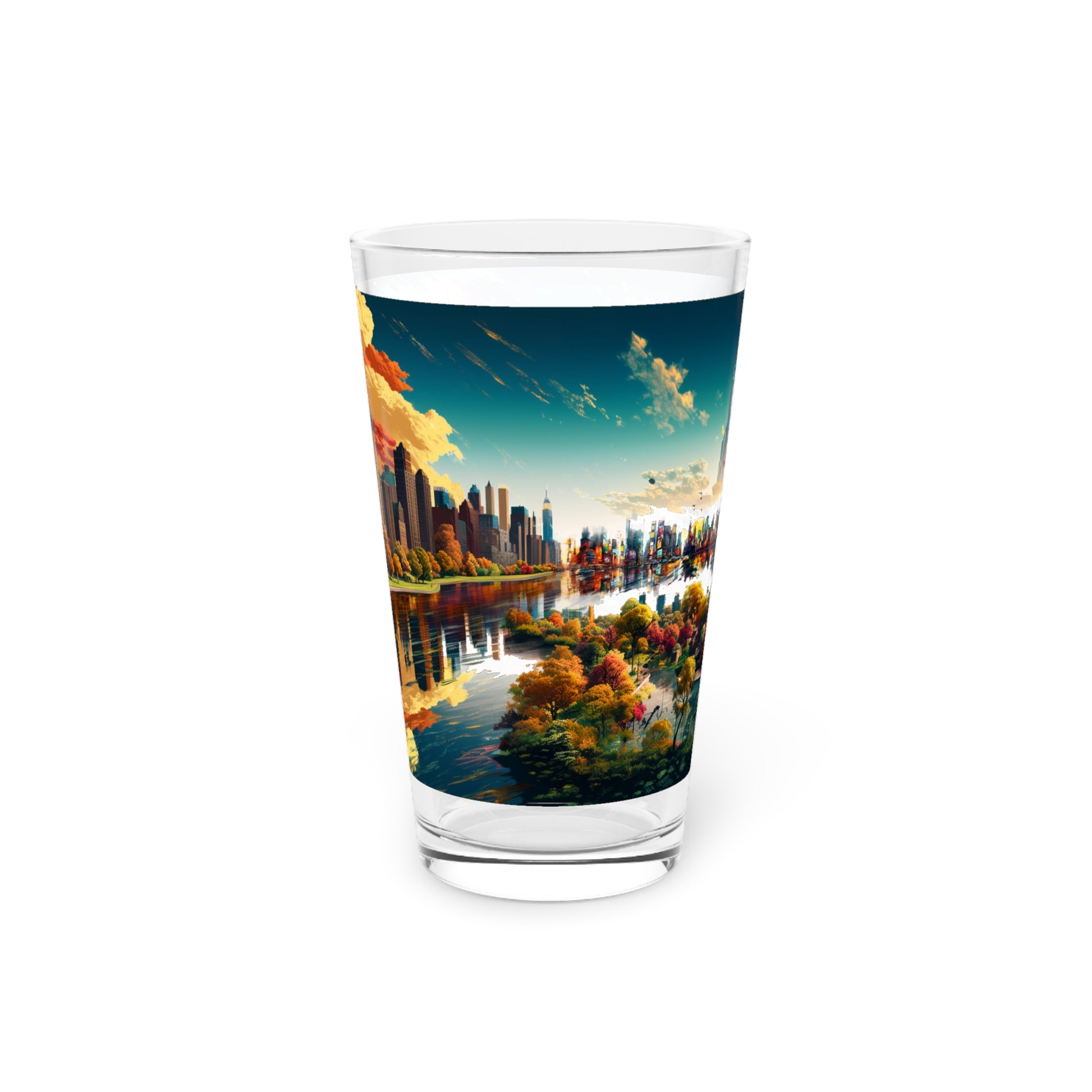 Surreal Cityscape Pint Glass - Stashbox Exclusive - #DreamyNYC #SurrealArt #CityscapeMagic #StashboxDesign #UniquePintGlass