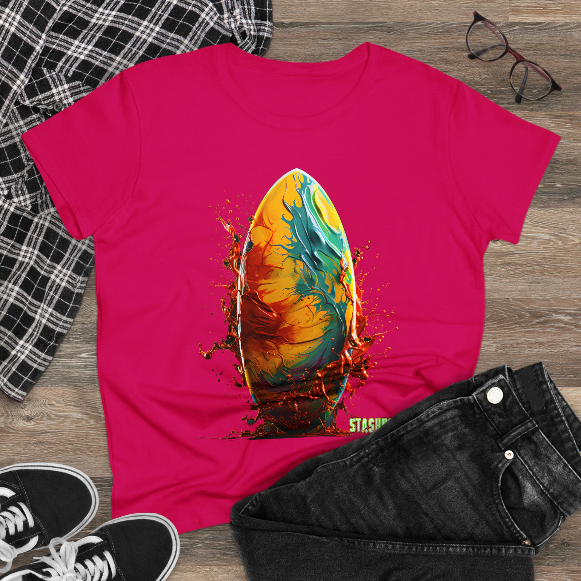 Catch the Wave of Style: Our Women's Midweight Cotton Tee with Surfboard Design #009 brings vibrant paint art to life. Experience the allure of bold colors and beach vibes. 🏄‍♀️🎨 #SurfboardFashion #BeachChic #StashboxDesigns