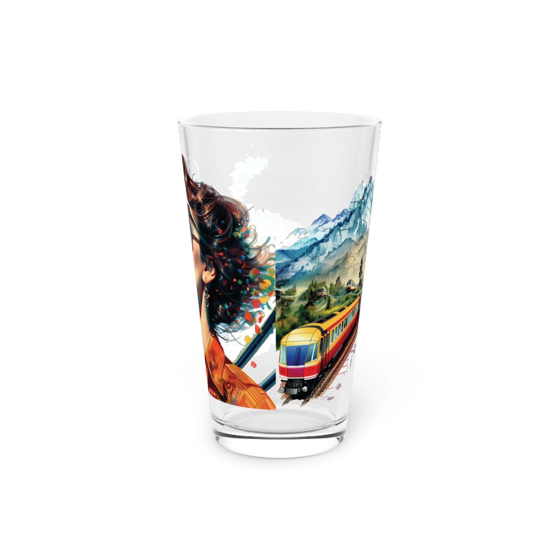 Elevate your glassware collection with our Woman and Train Pint Glass. With its vibrant colors and captivating design, it's a testament to the artistry of travel and exploration. #ArtLover #UniqueGlassware