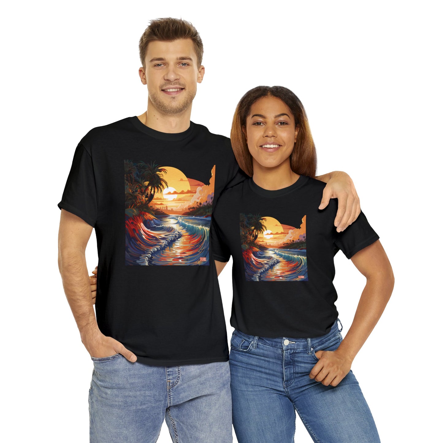 Stunning Sunset Beach Waves Art - Unisex Heavy Cotton Tee - Waves Design #057