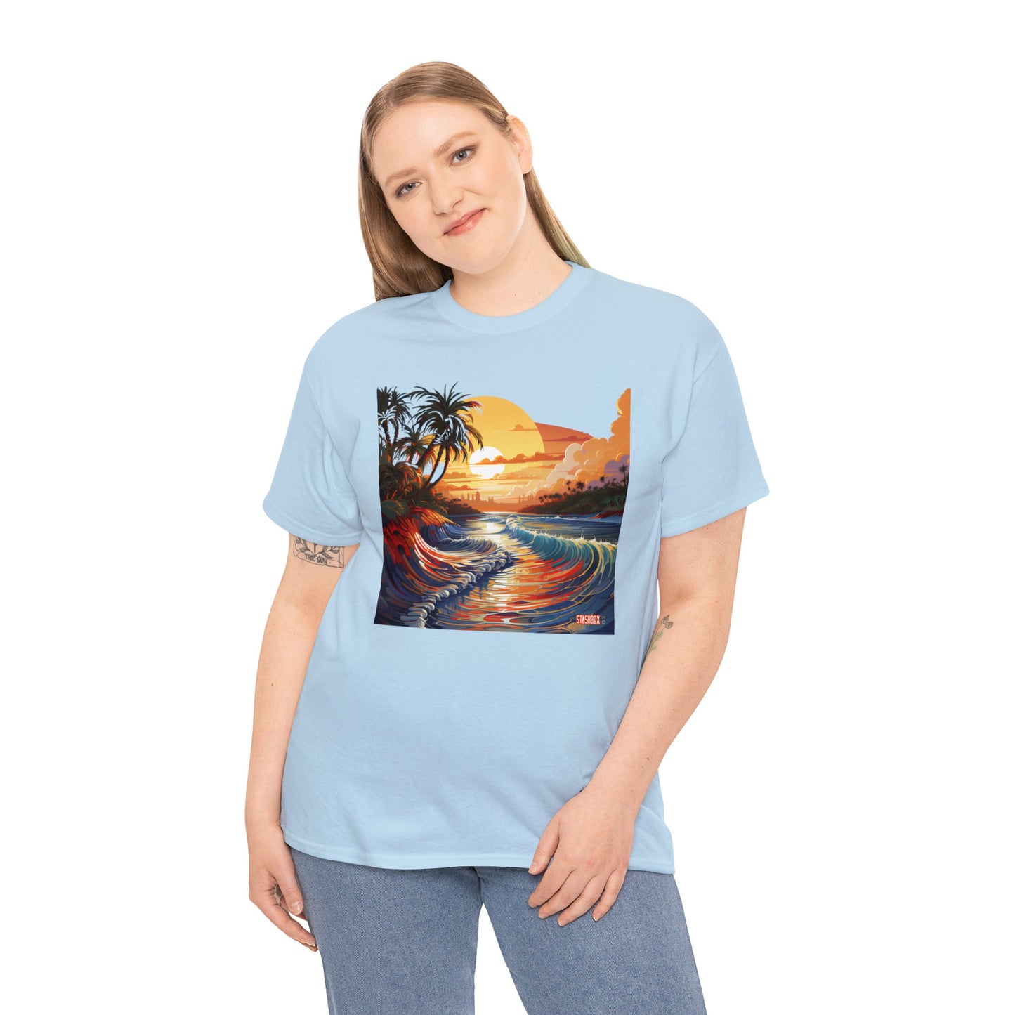 Stunning Sunset Beach Waves Art - Unisex Heavy Cotton Tee - Waves Design #057