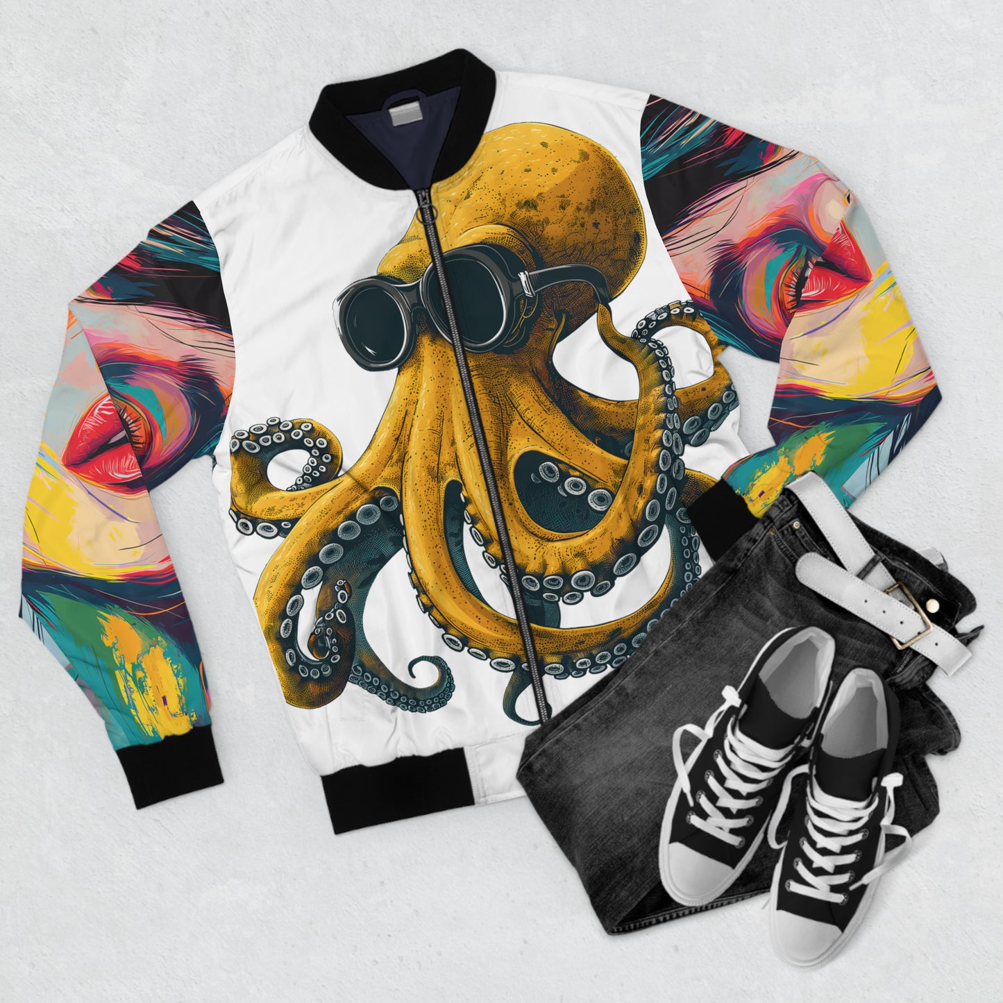 Men's Bomber Jacket (AOP) Drawn Yellow Octopus Wearing Goggles