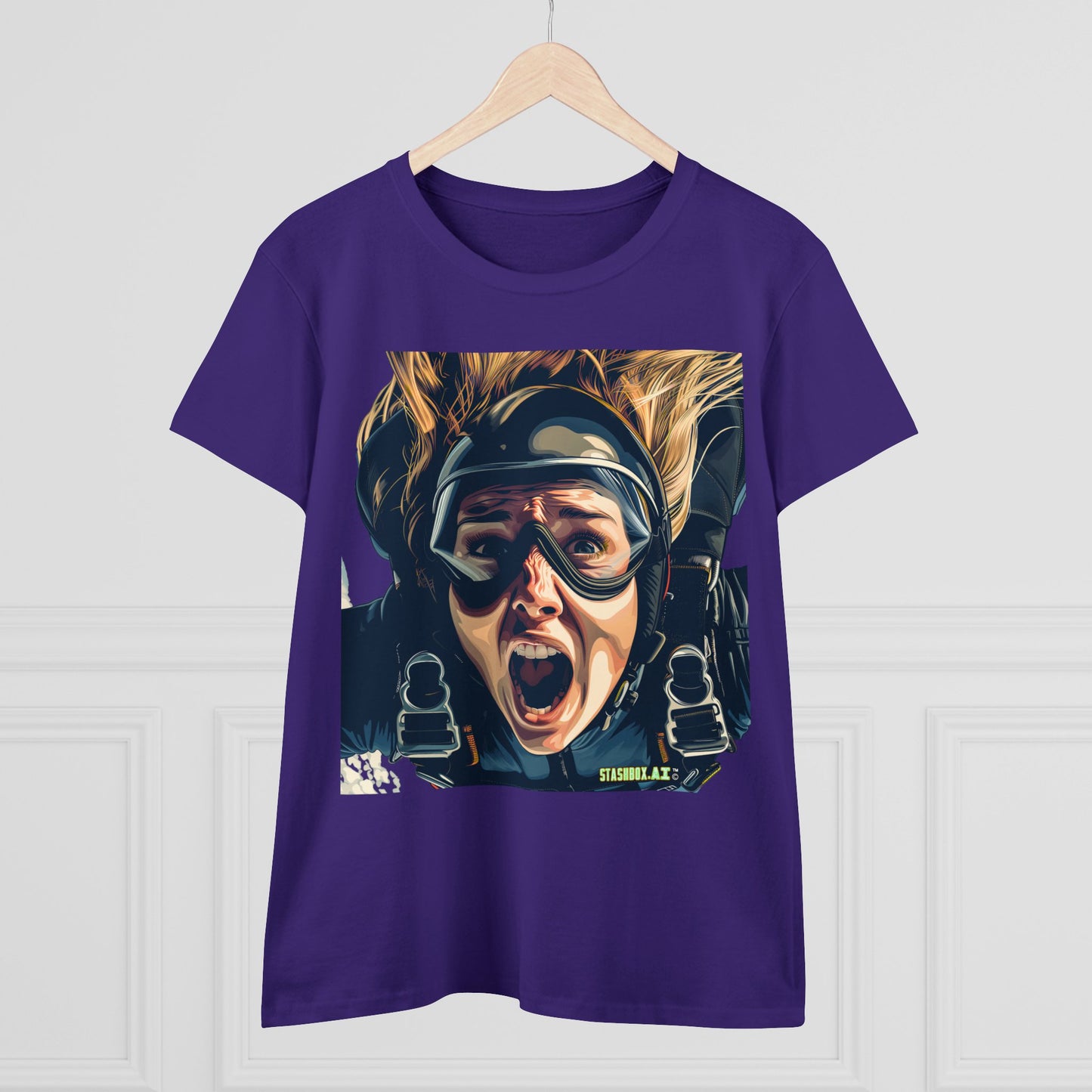 Women's Midweight Cotton Tshirt Terrified Skydiver Close Up 020