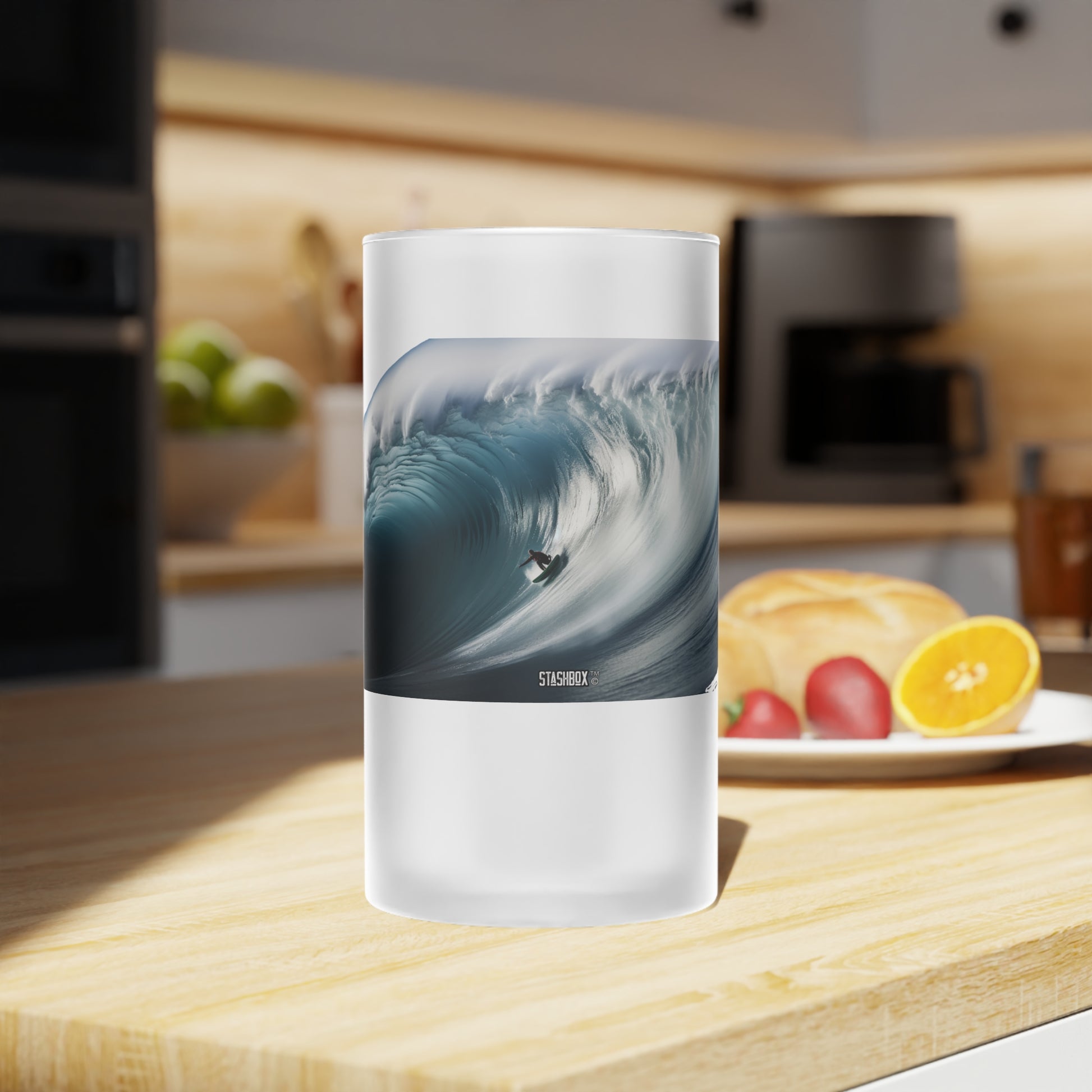 Surf's Up in Every Sip: Dive into the heart of the ocean with our Frosted Glass Beer Mug - Waves Design #061. Featuring a surfer conquering a monstrous 61-foot wave, this mug brings the adrenaline of the surf to your drinking experience. 🌊🍻 #SurfingSpirit #GiantWaveAdventure #StashboxMug