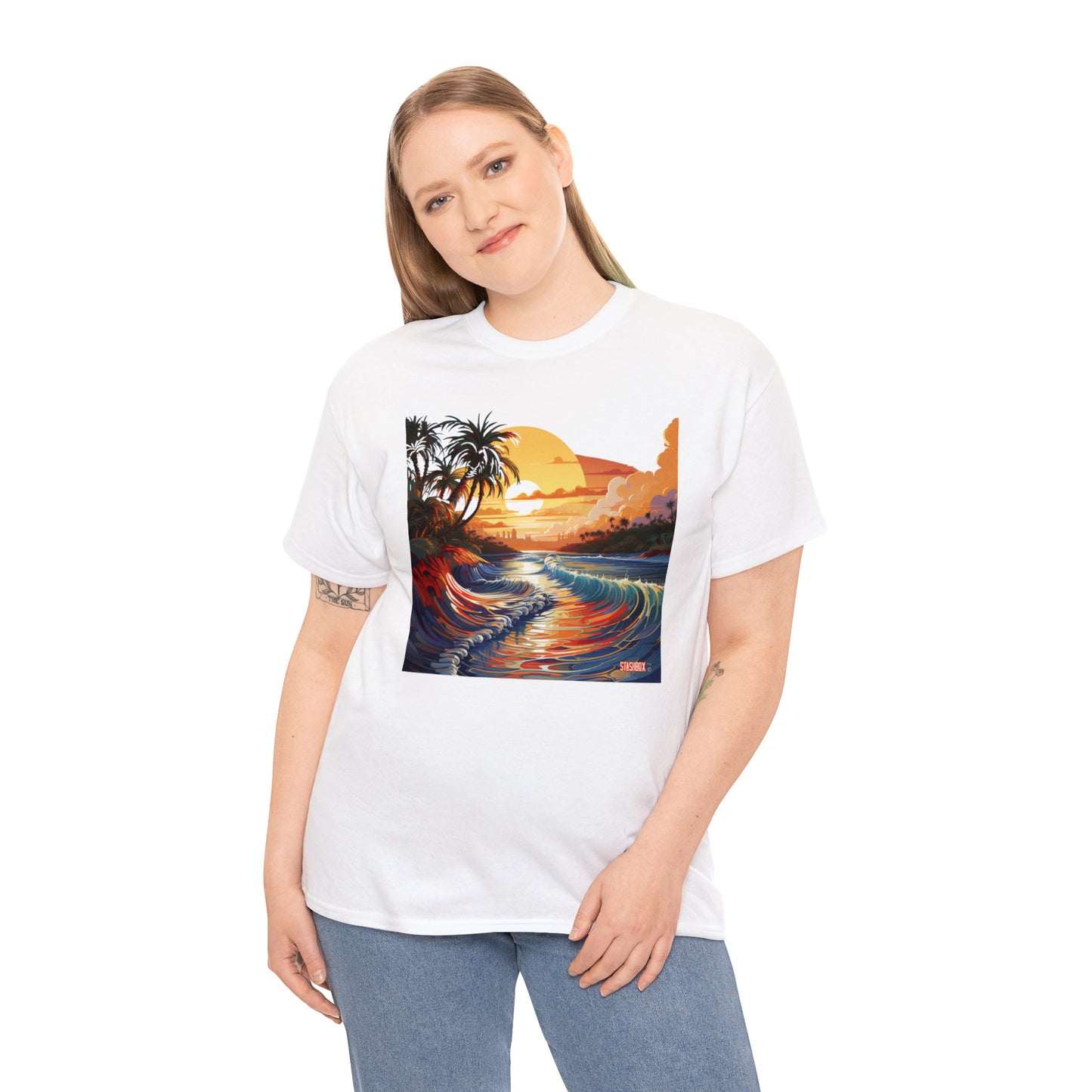 Stunning Sunset Beach Waves Art - Unisex Heavy Cotton Tee - Waves Design #057