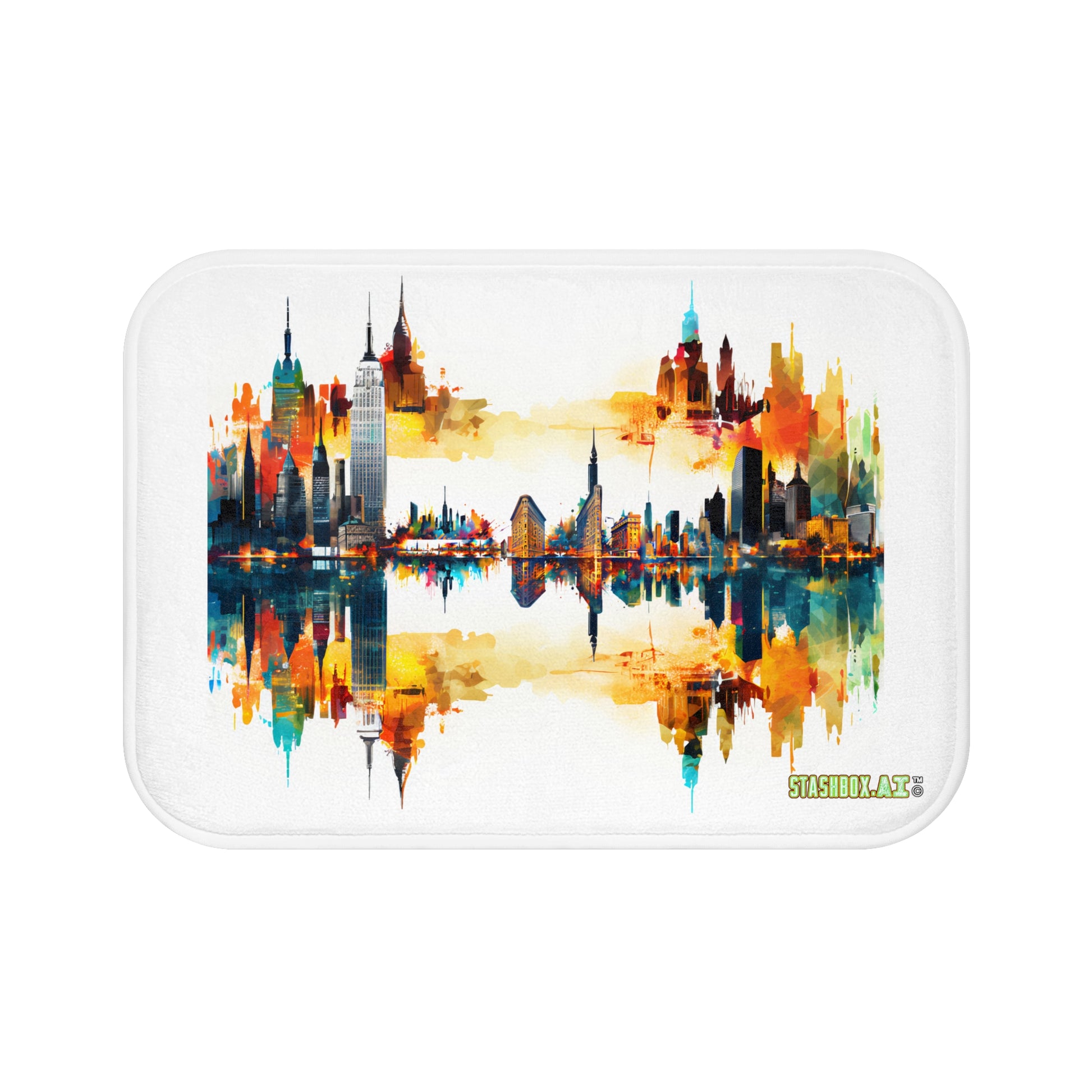 Vibrant NYC Skyline Watercolor Bath Mat - Stashbox Design