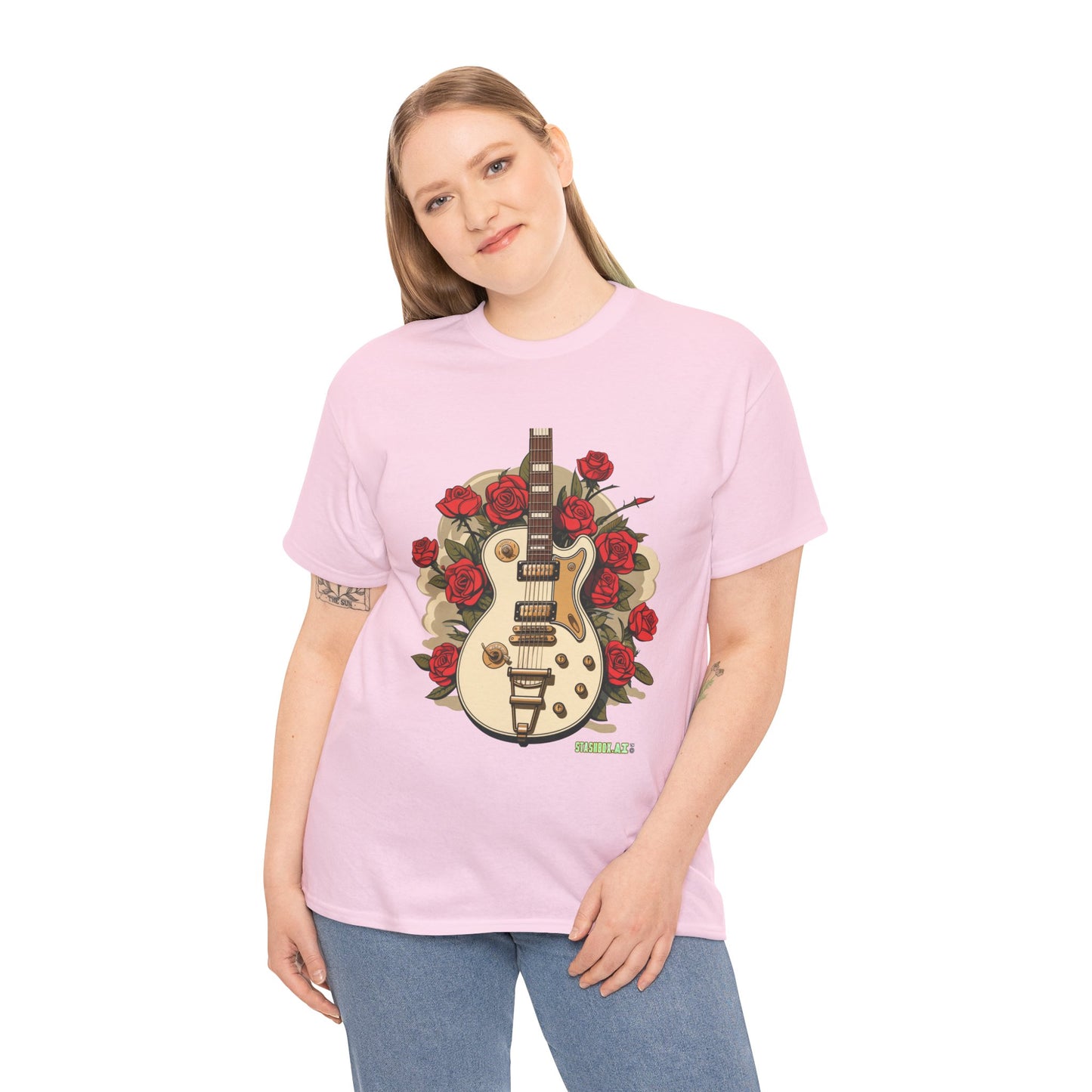 Unisex Heavy Cotton Tshirt Stylish Roses and Guitar 003