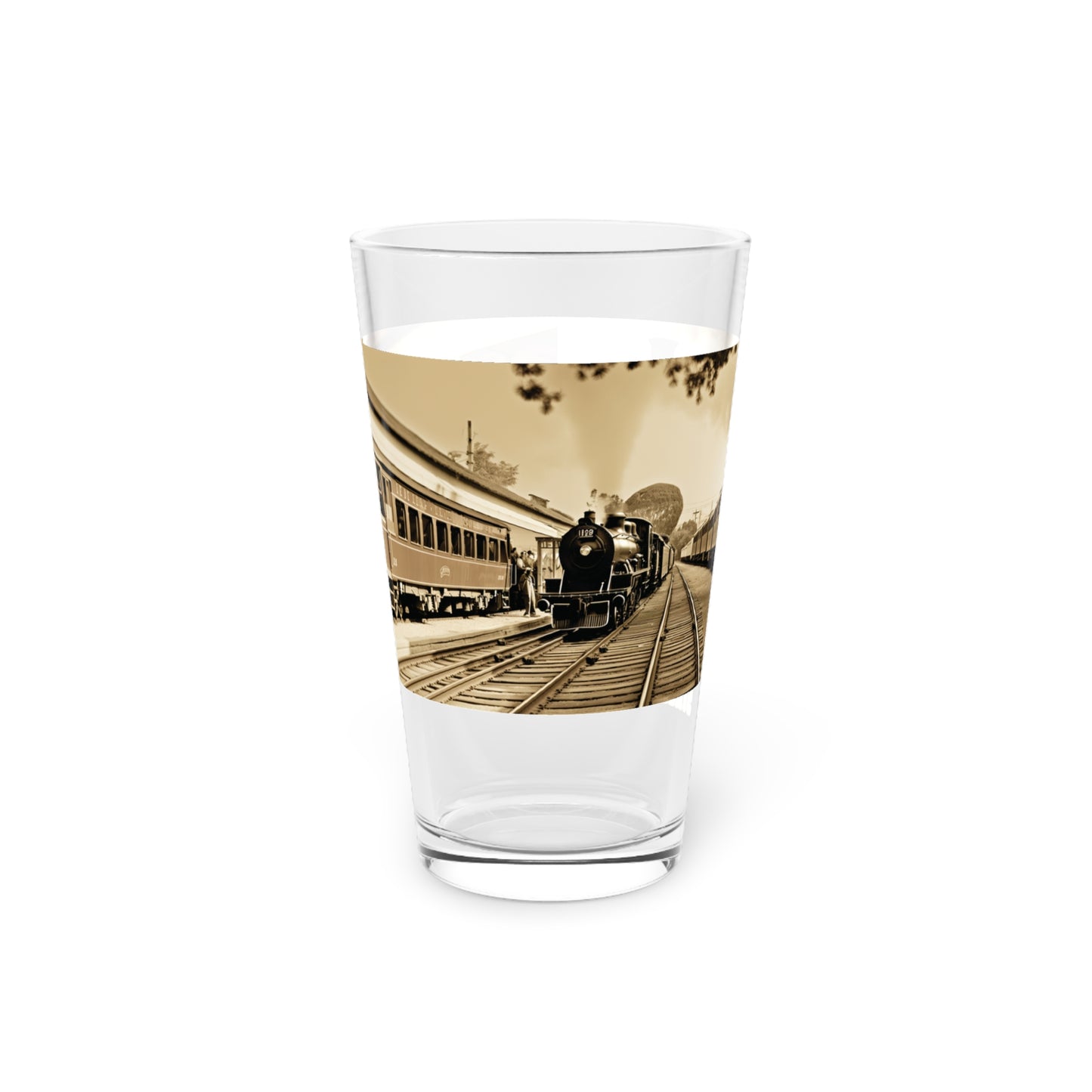 Elevate your drinkware with our Old Classic Trains Pint Glass. Designed in a Tabletop Photography Style, it's a nostalgic journey through time. #VintageVibes #TabletopTales