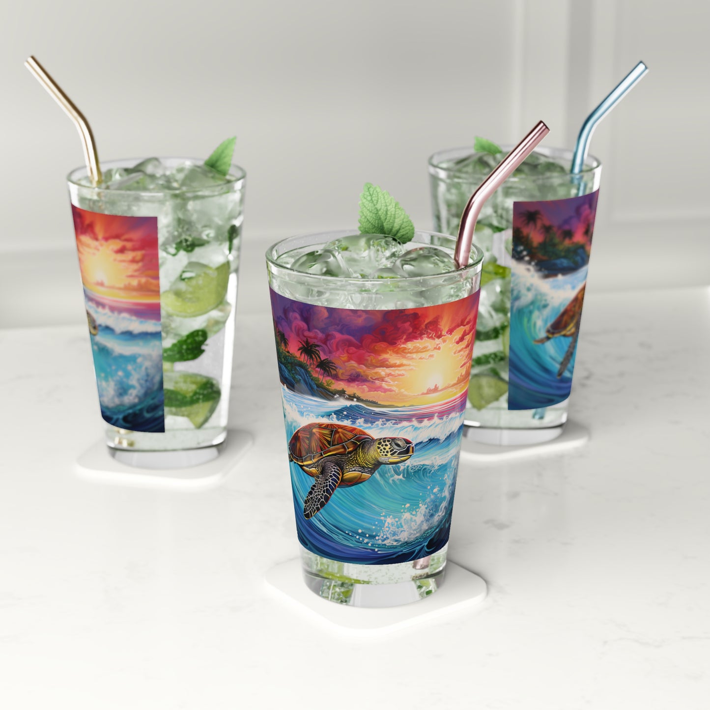 Experience the serenity of the ocean with our Turtle Surfing Color Wave Pint Glass. Waves Design #028 adorns this 16oz glass, bringing the beauty of sea turtles and vibrant waves to your fingertips. A Stashbox exclusive for nature enthusiasts.