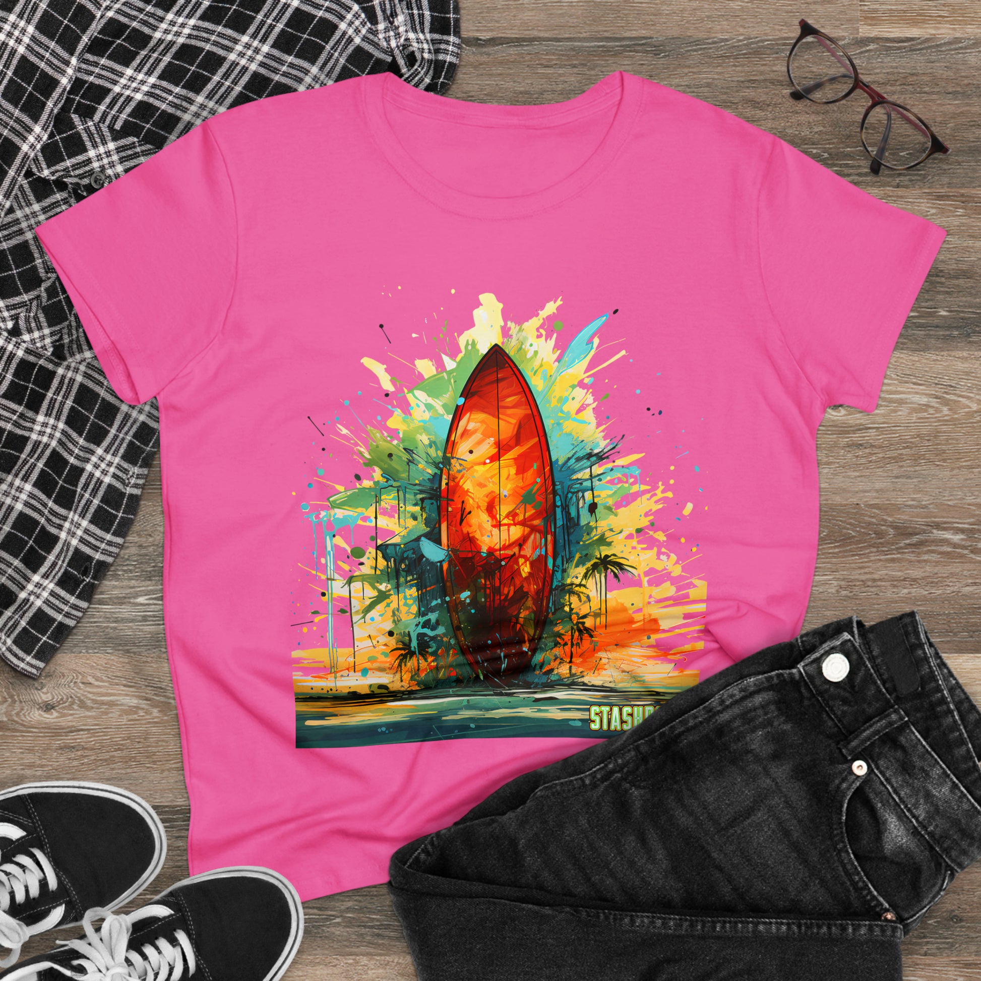 Beachy Hues, Stylish You: Embrace the spirit of the shore with our Women's Midweight Cotton Tee - Surfboard Design #010. Featuring vibrant paint art, this tee captures the essence of beachy bliss and artistic expression. 🎨🏖️ #BeachVibes #StashboxStyle #SurfboardCharm