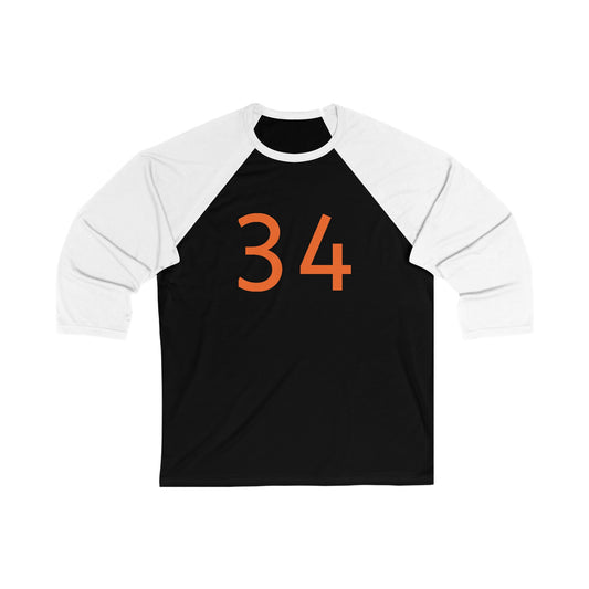 Unisex 3\4 Sleeve Baseball Tee Number 34 Orange