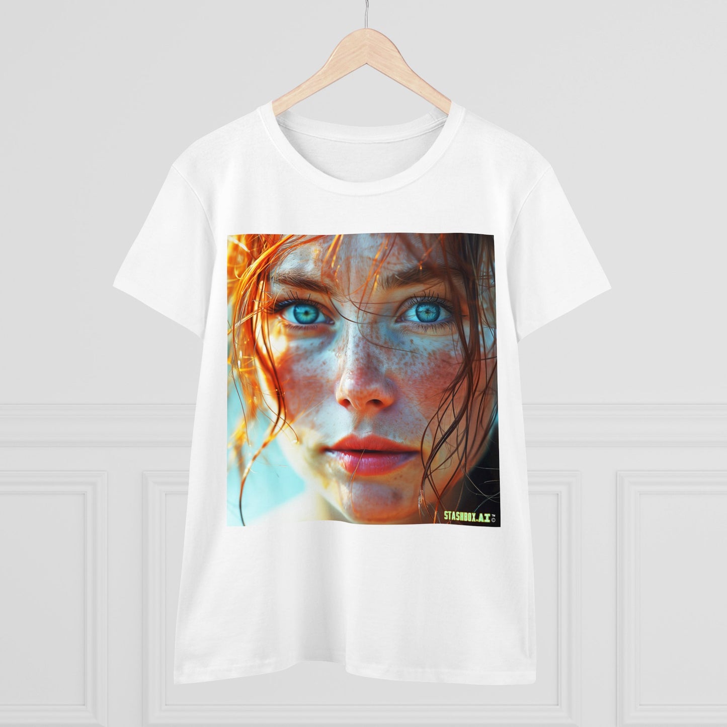 Women's Midweight Cotton Tshirt Redhead Model Beautiful Face Close Up 020