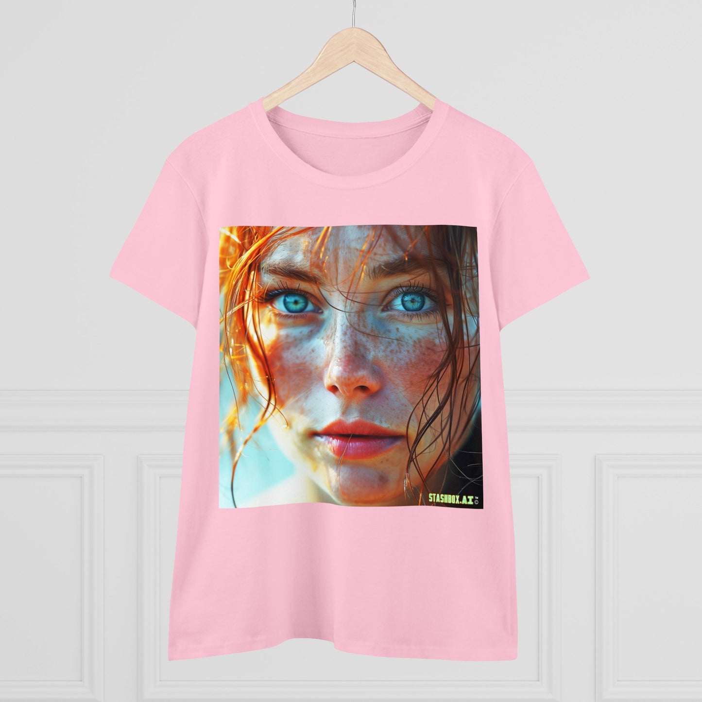 Women's Midweight Cotton Tshirt Redhead Model Beautiful Face Close Up 020