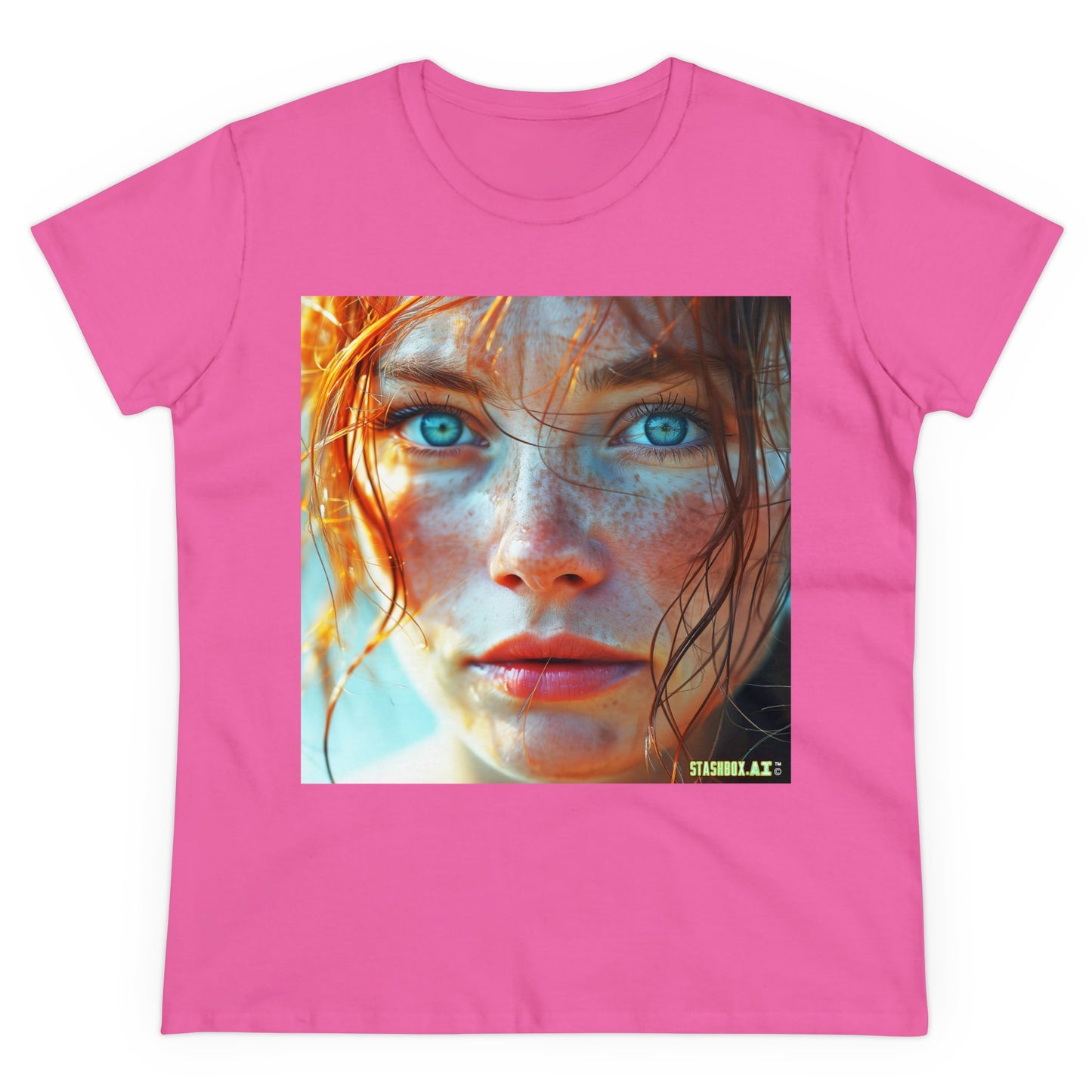 Women's Midweight Cotton Tshirt Redhead Model Beautiful Face Close Up 020