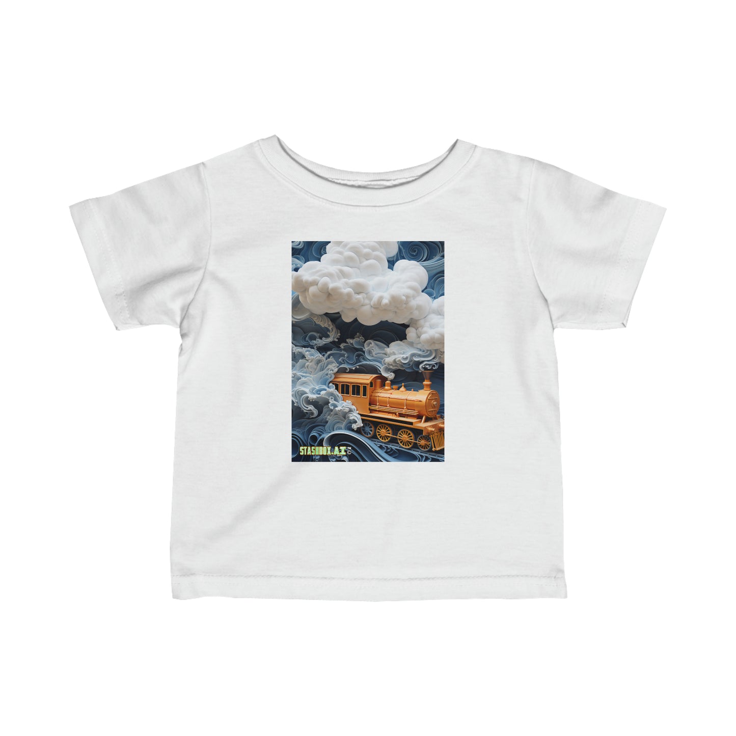 Infant Fine Jersey Tshirt Puffy White Coulds, Blue Waves and Train 16