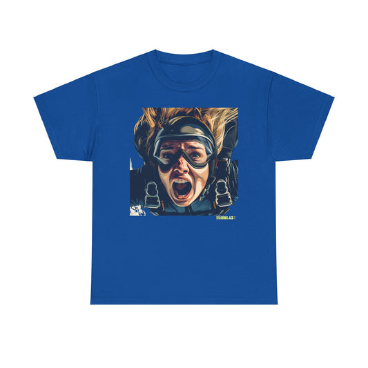 Unisex Adult Size Heavy Cotton Tshirt Beautiful Girl Mid-Skydiving terrified face - 023