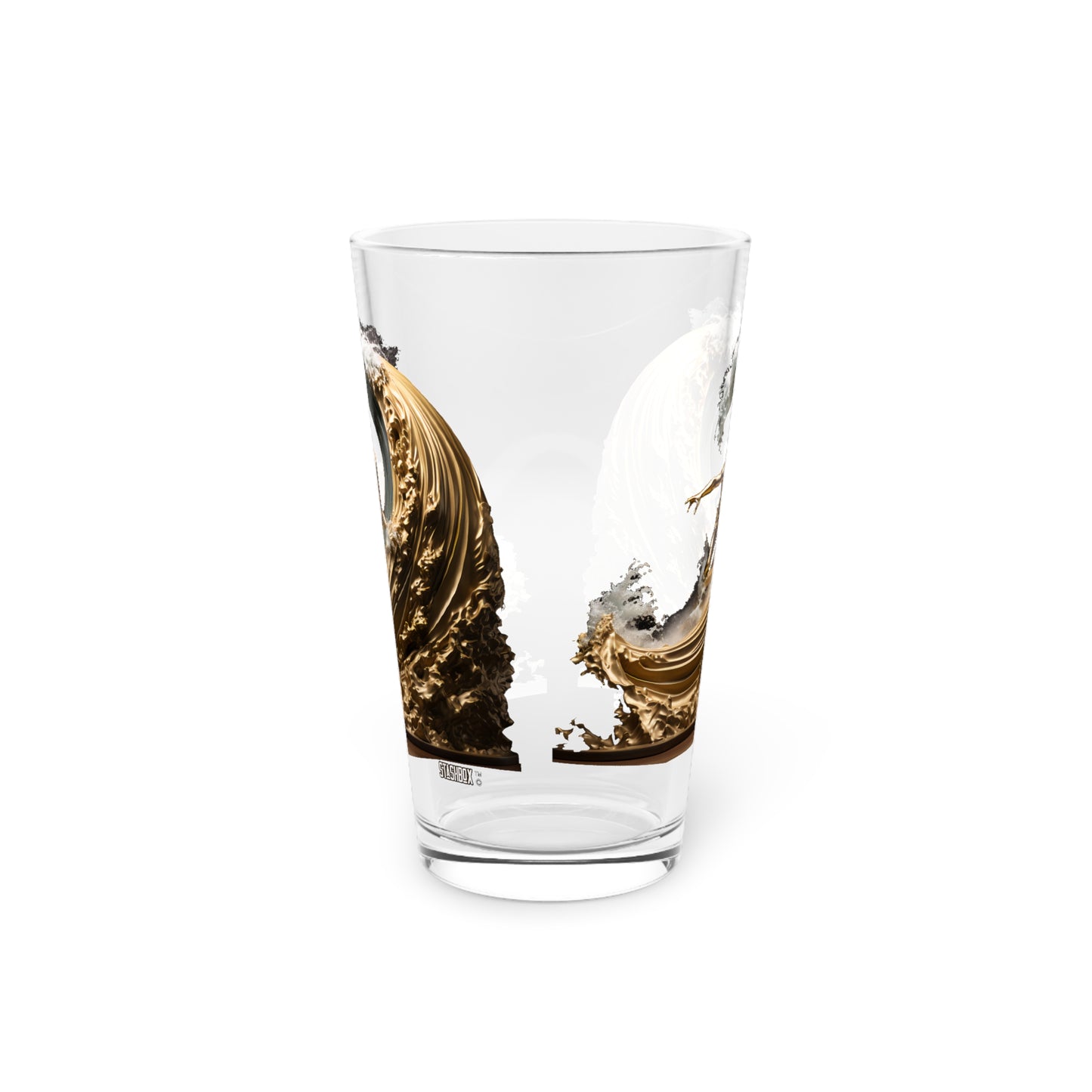 Pint Glass, 16oz Golden Wave Statue 064