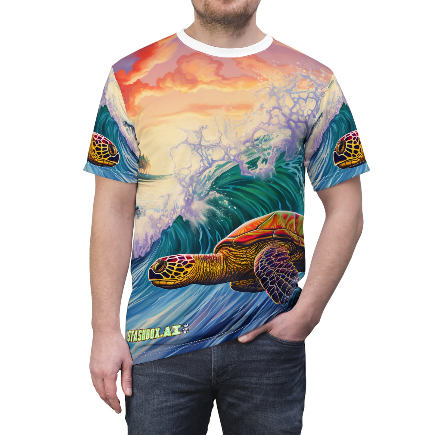 Unisex Cut & Sew Tee (AOP) Surfing Giant Turtle Waves 009