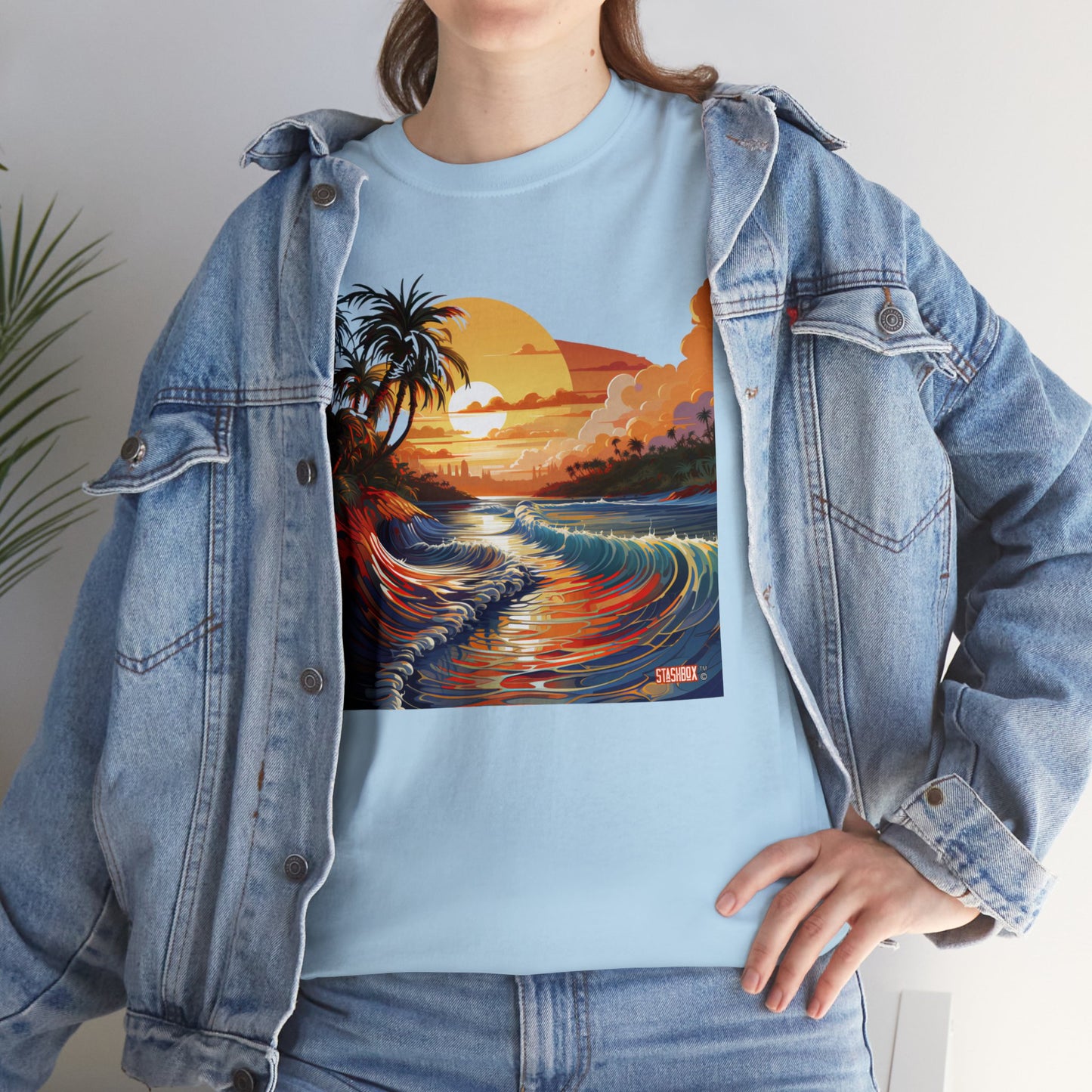 Stunning Sunset Beach Waves Art - Unisex Heavy Cotton Tee - Waves Design #057