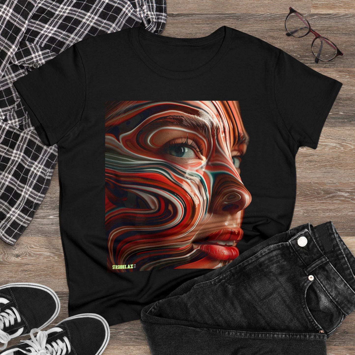 Women's Midweight Cotton Tee Pretty Model Red Swirl Face Paint 025