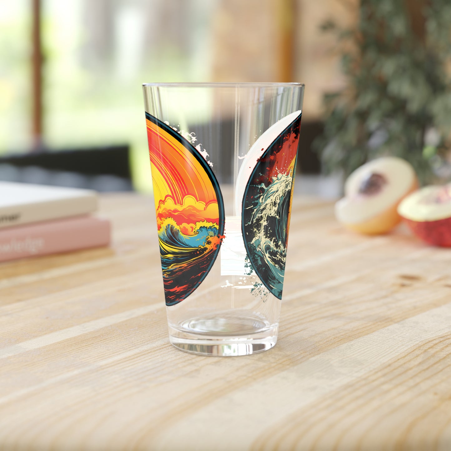 Pint Glass, 16oz Surfboard & Wave Sunset Art 2-in-1 Designs 047a 047b