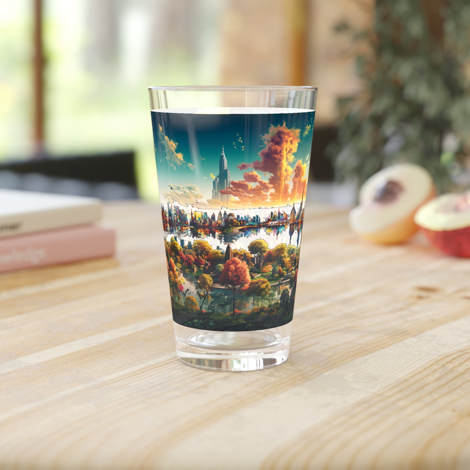 Retro-Futuristic New York Pint Glass - Stashbox NYC Design - #RetroCityscape #FuturisticArt #MirroredDesign #StashboxExclusive #CityscapeElegance