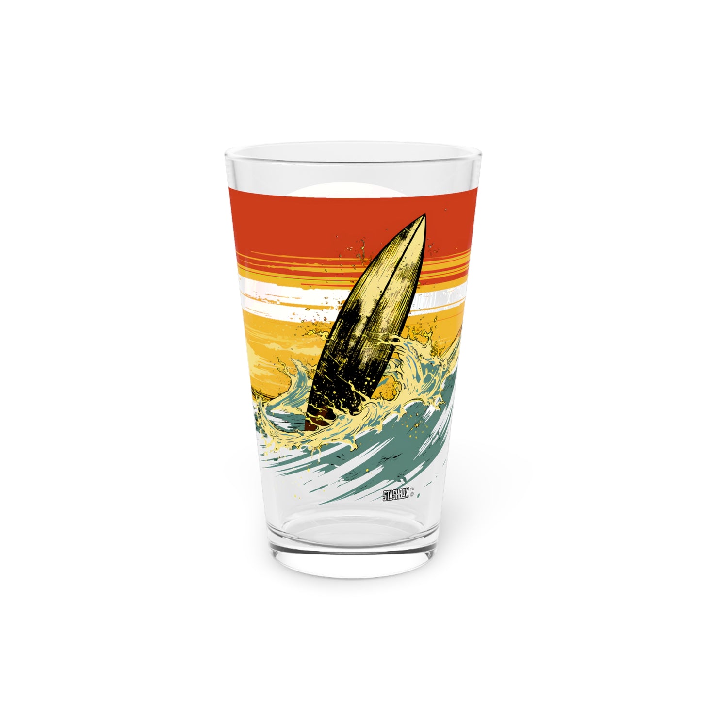 Ride the waves of style with our Classic Surfing Design Pint Glass, 16oz. 2 Designs in 1 - Waves Design #66. Discover the art of surfing, uniquely crafted by Stashbox.ai.