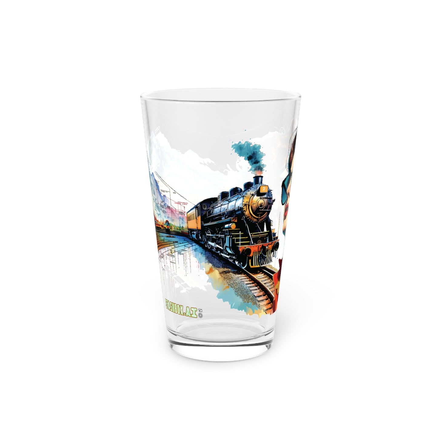 Immerse yourself in a vibrant world with our Woman and Train Pint Glass. Capturing the essence of a colorful journey, this glass is a masterpiece of artistry. #ColorfulJourney #StashboxDesign