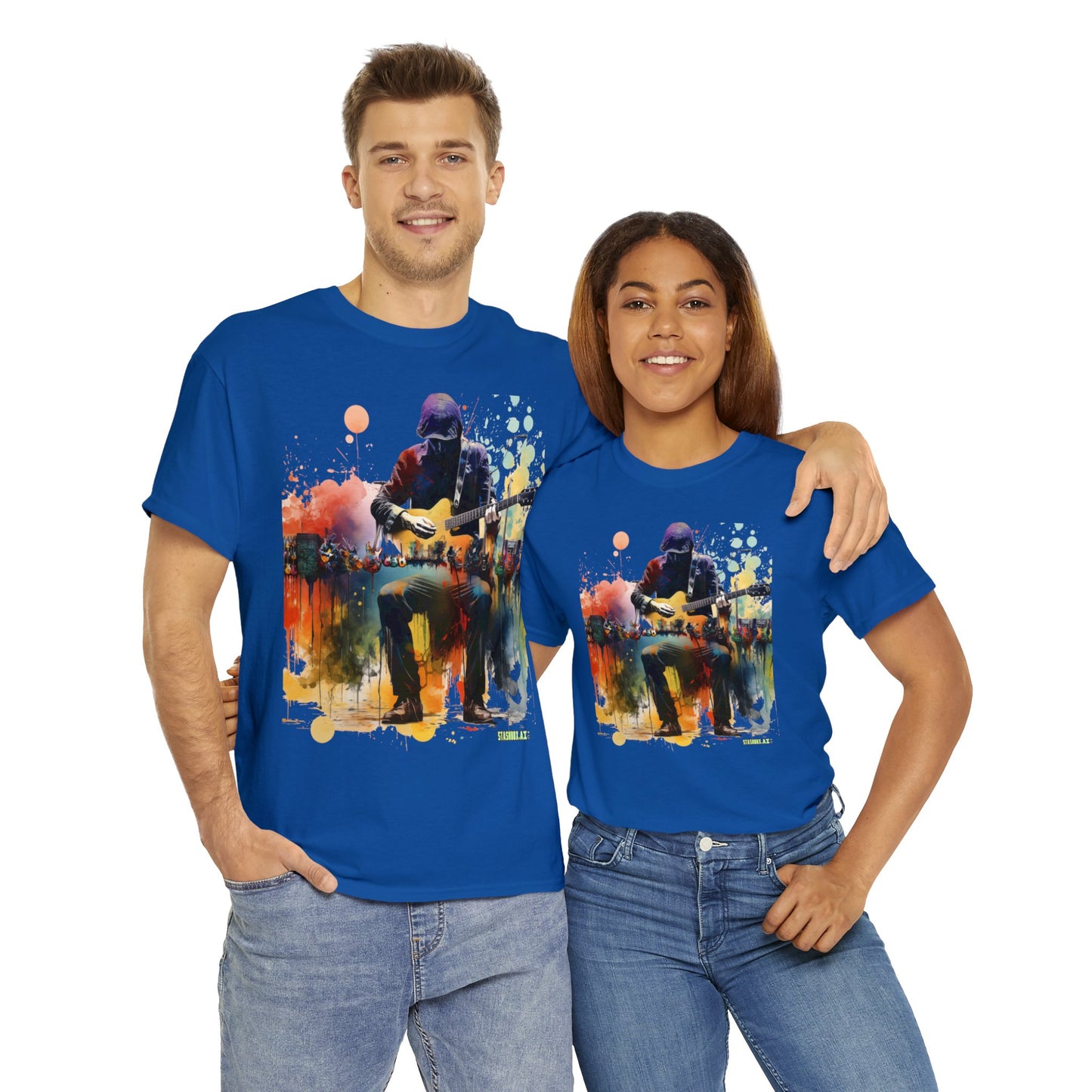 Unisex Adult Size Heavy Cotton Tshirt Colorful Guitarist and Guitars 007