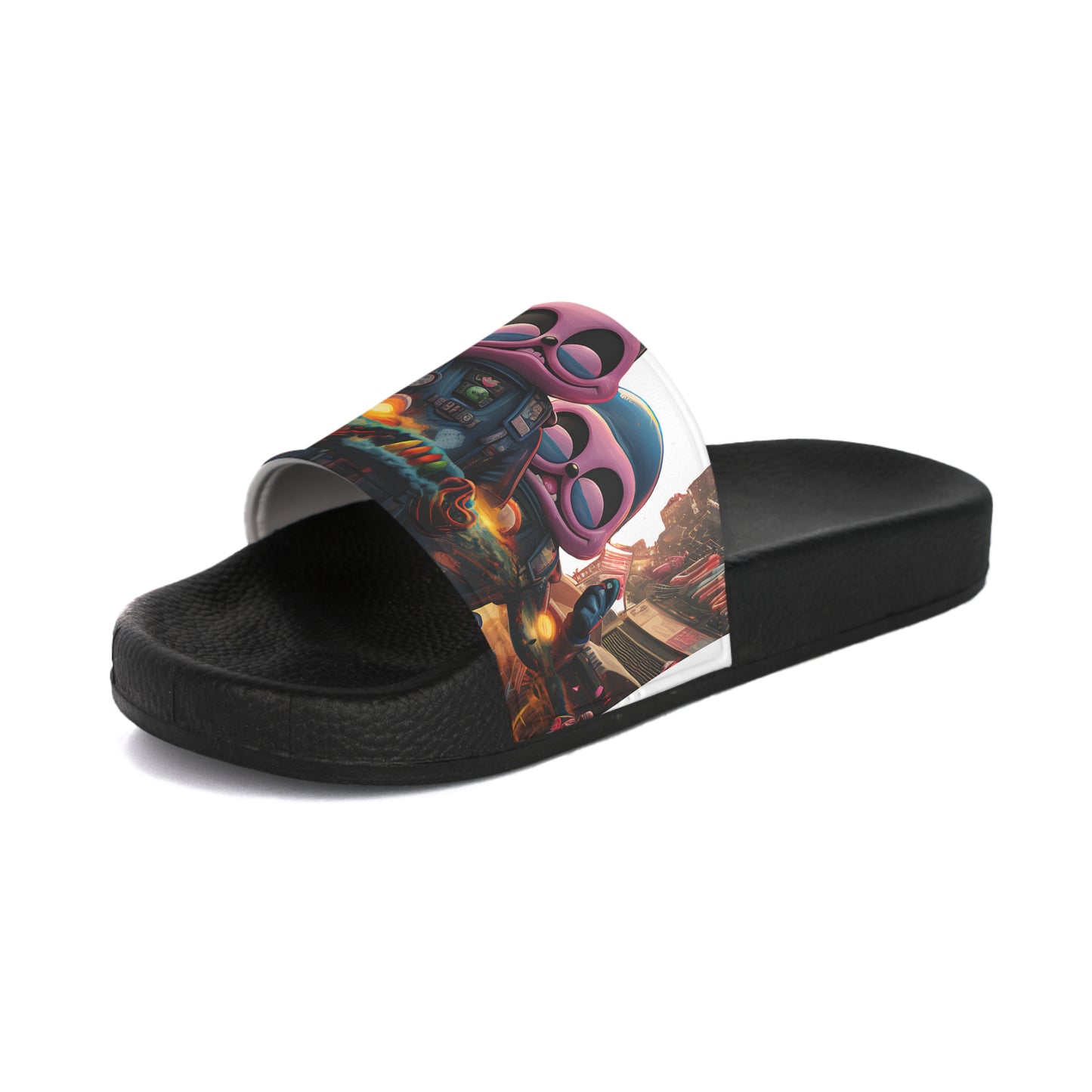 Women's Slide Sandals Pink Elephant Aliens in City Carrying the Beach Psychedelic 001
