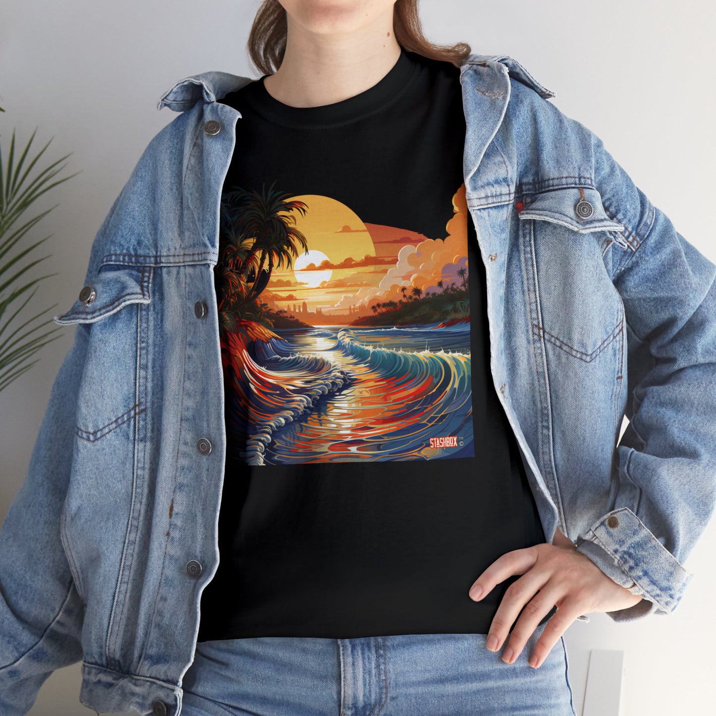 Stunning Sunset Beach Waves Art - Unisex Heavy Cotton Tee - Waves Design #057