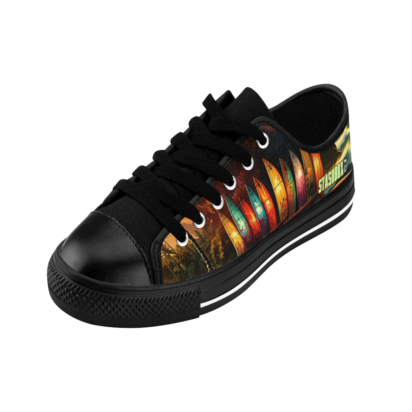 Hawaiian Longboard Surfboards in Stunning Hawaiian Sunset Beach Scene - Custom Men's Sneakers - Surfboard Design #004