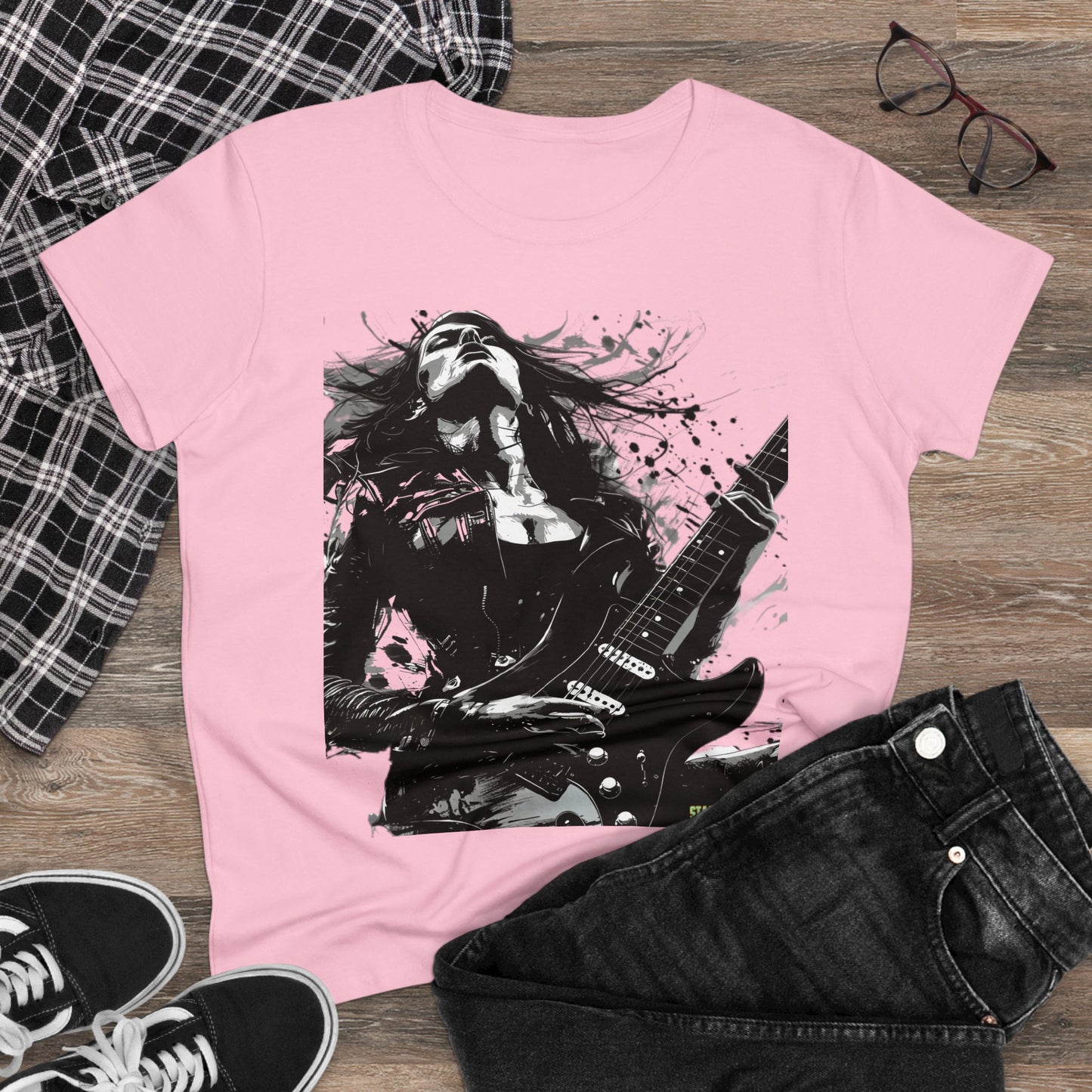 Women's Midweight Cotton Tshirt Girl Guitarist Rocking 001